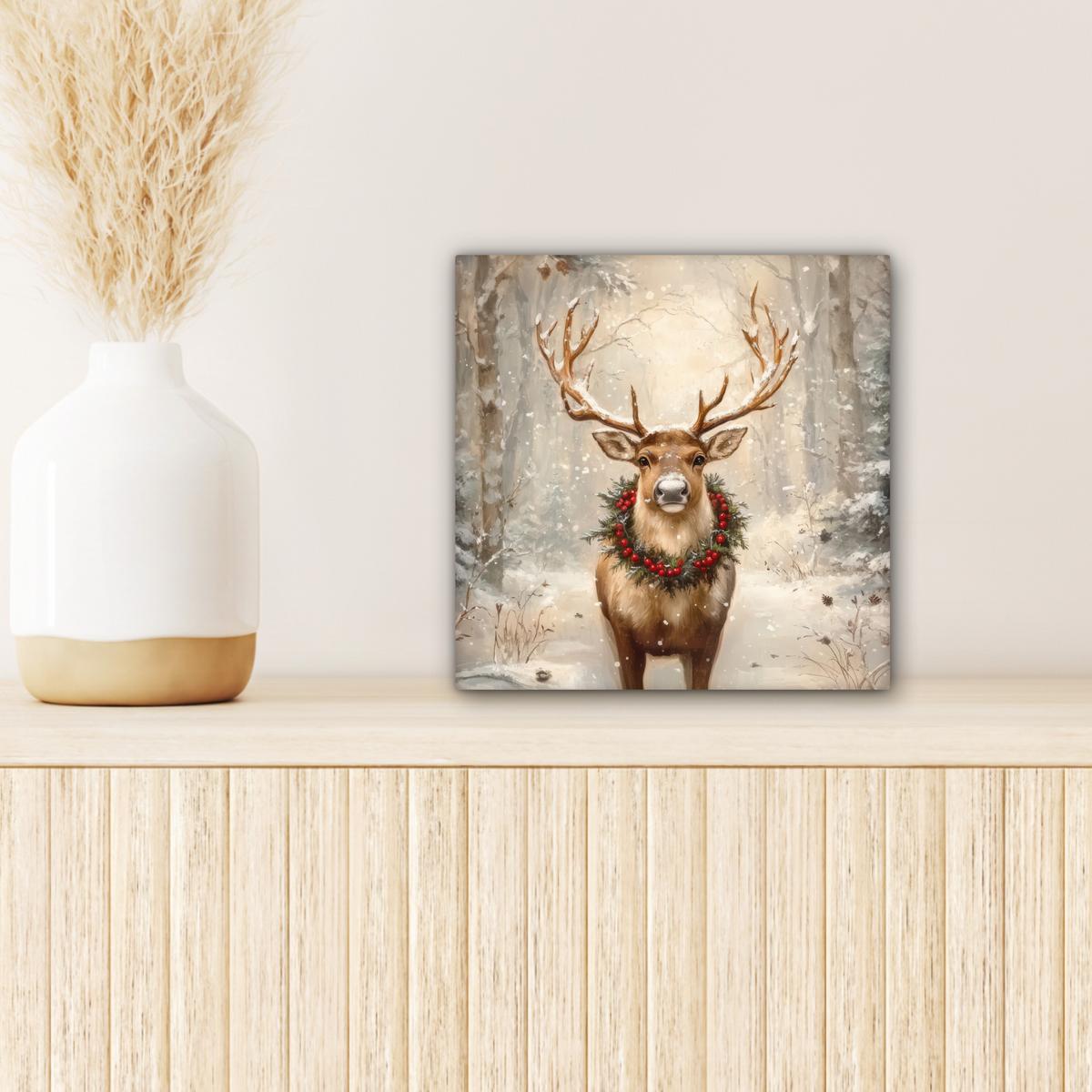 LEINWANDBILD Weihnachten - Rentier - Winter - Kranz Deko Wohnzimmer 20x20 cm - Naturfarben, Textil (20/20cm) - MuchoWow