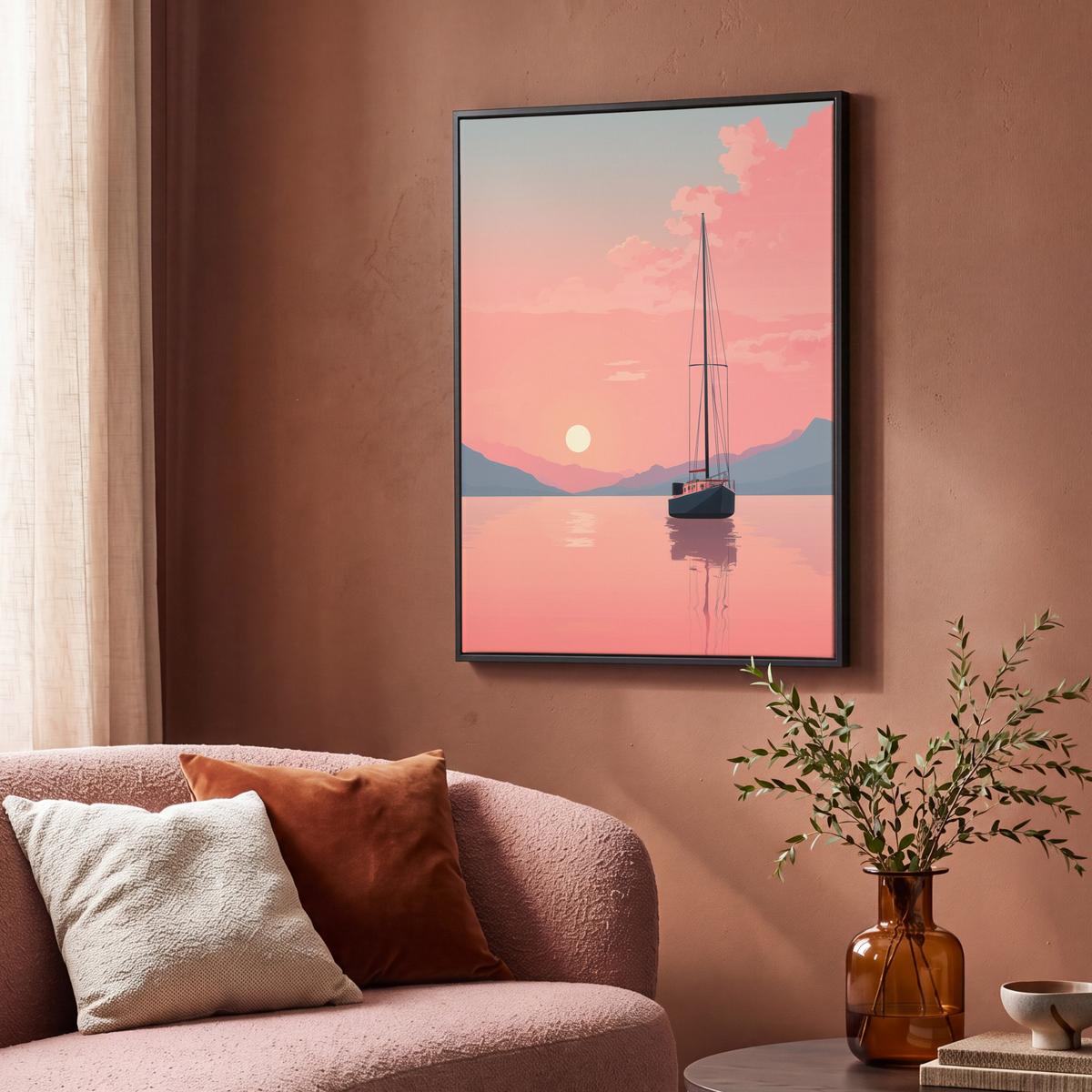 LEINWAND Bilder mit Rahmen - Segelboot - Rosa Meer - Sonnenuntergang - Berge - 70x100 - Rosa, Textil (70/100cm) - MuchoWow