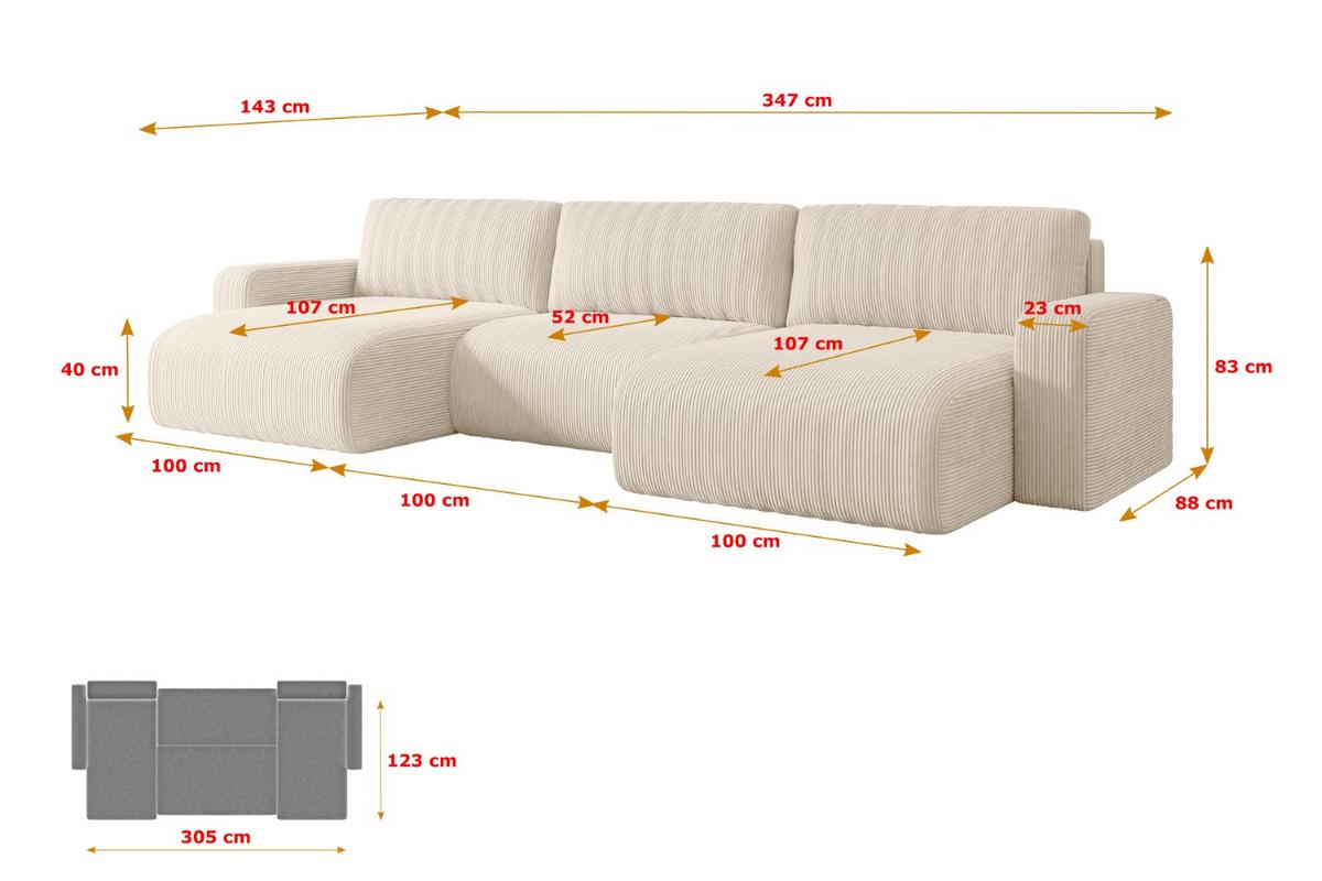 WOHNLANDSCHAFT mit Schlaffunktion und Bettkasten KLEEA-U - 347x143x83 cm Beige Cord - Beige/Schwarz, Holzwerkstoff/Kunststoff (347/83/143cm) - ALTDECOR