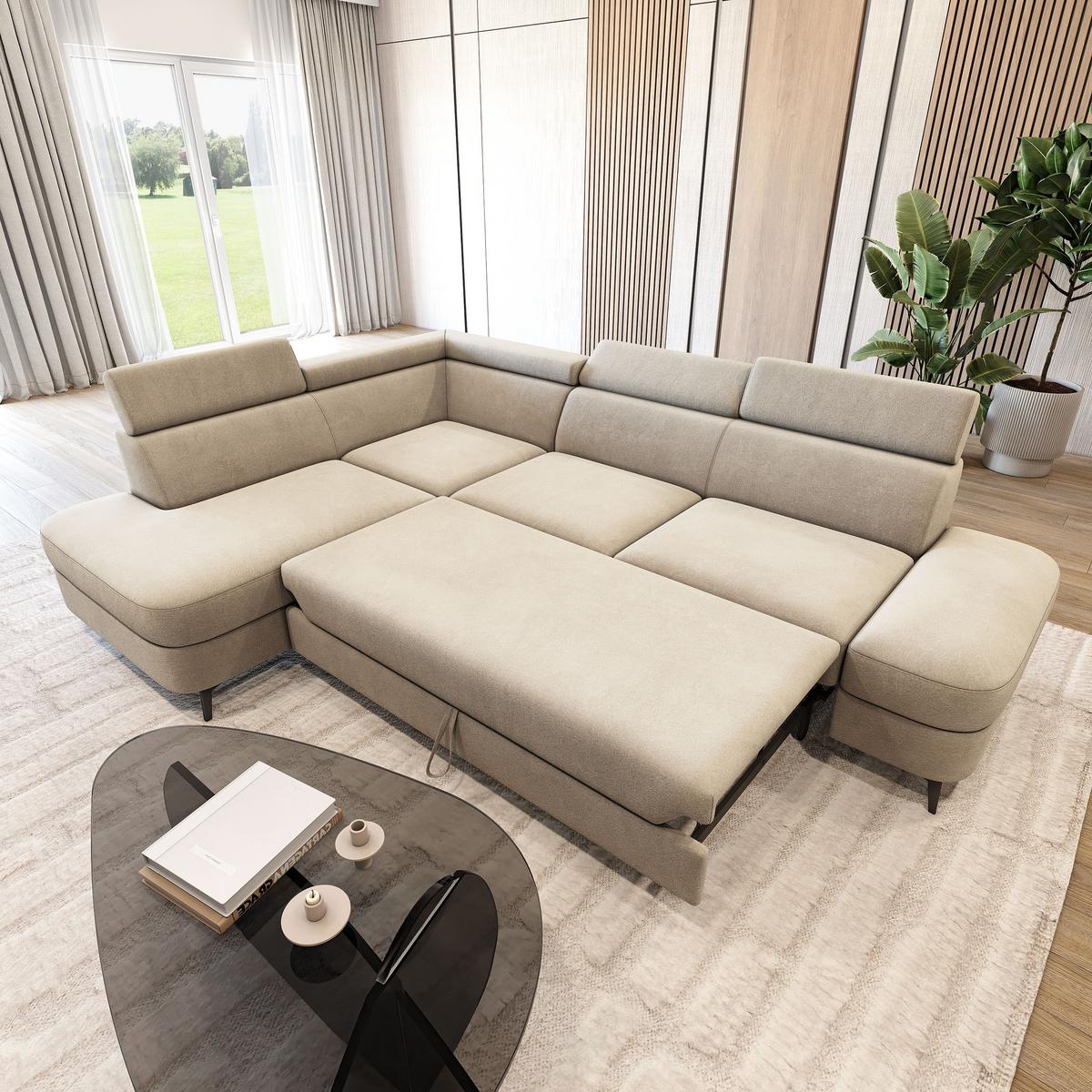 ECKSOFA AVISE MV L-S Creme Velours-Stoff mit Schlaffunktion - Creme, Holzwerkstoff/Textil (268/195cm) - MASSENO
