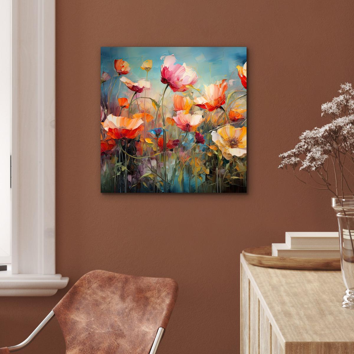 METALLBILD Blumen - Aquarell - Kunst - Botanisch - Natur 50x50 cm - Orange, Metall (50/50cm) - MuchoWow