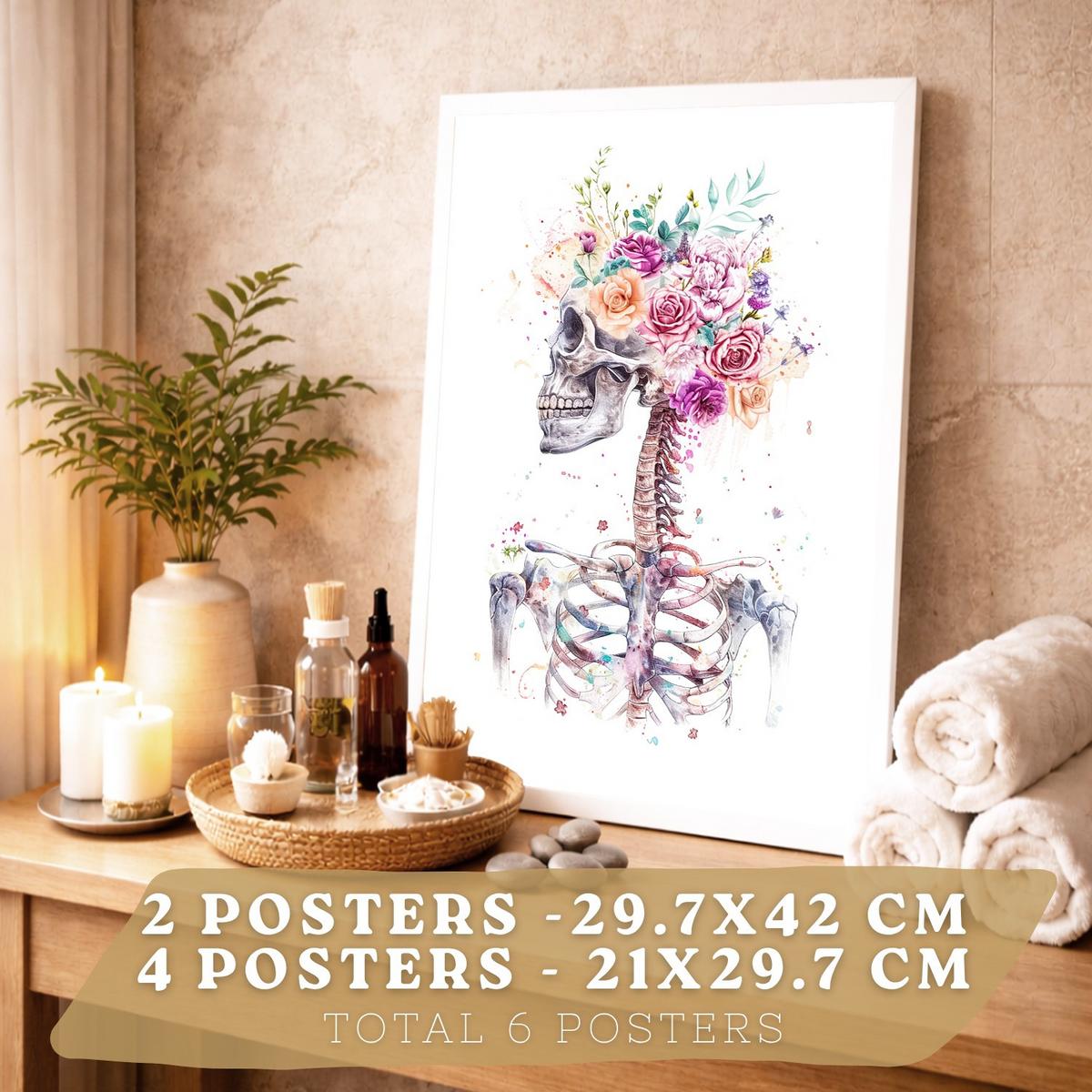 POSTER Set aus 6 Anatomie Mensch Florale Aquarell Drucke und mit Gehirn Lungen Skelett Nieren und Organen Botanische Größe Weißer Rahmen A3 & A4 - Weiß, Papier (29.7/42/3cm) - Nacnic