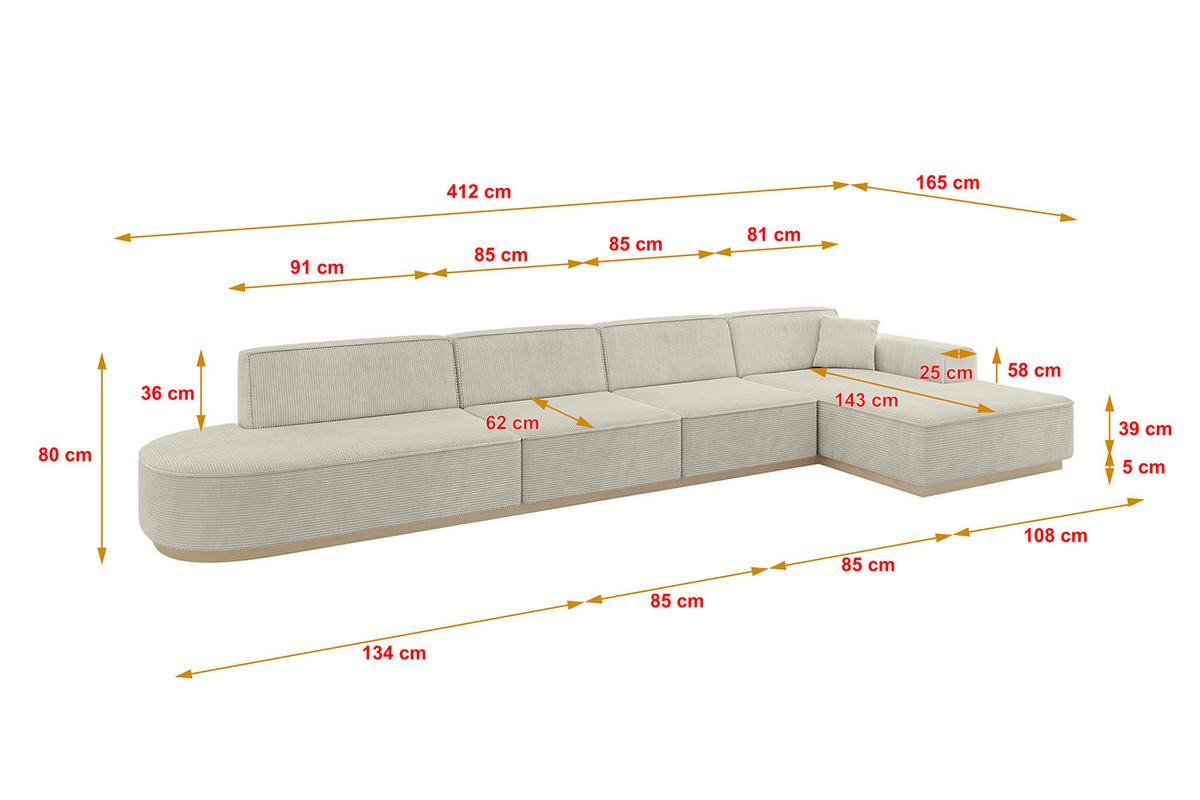 ECKSOFA Ottomane Rechts IREA-L3 - 412x165x80 cm Creme - Ecru/Creme, Holzwerkstoff/Textil (412/165cm) - ALTDECOR