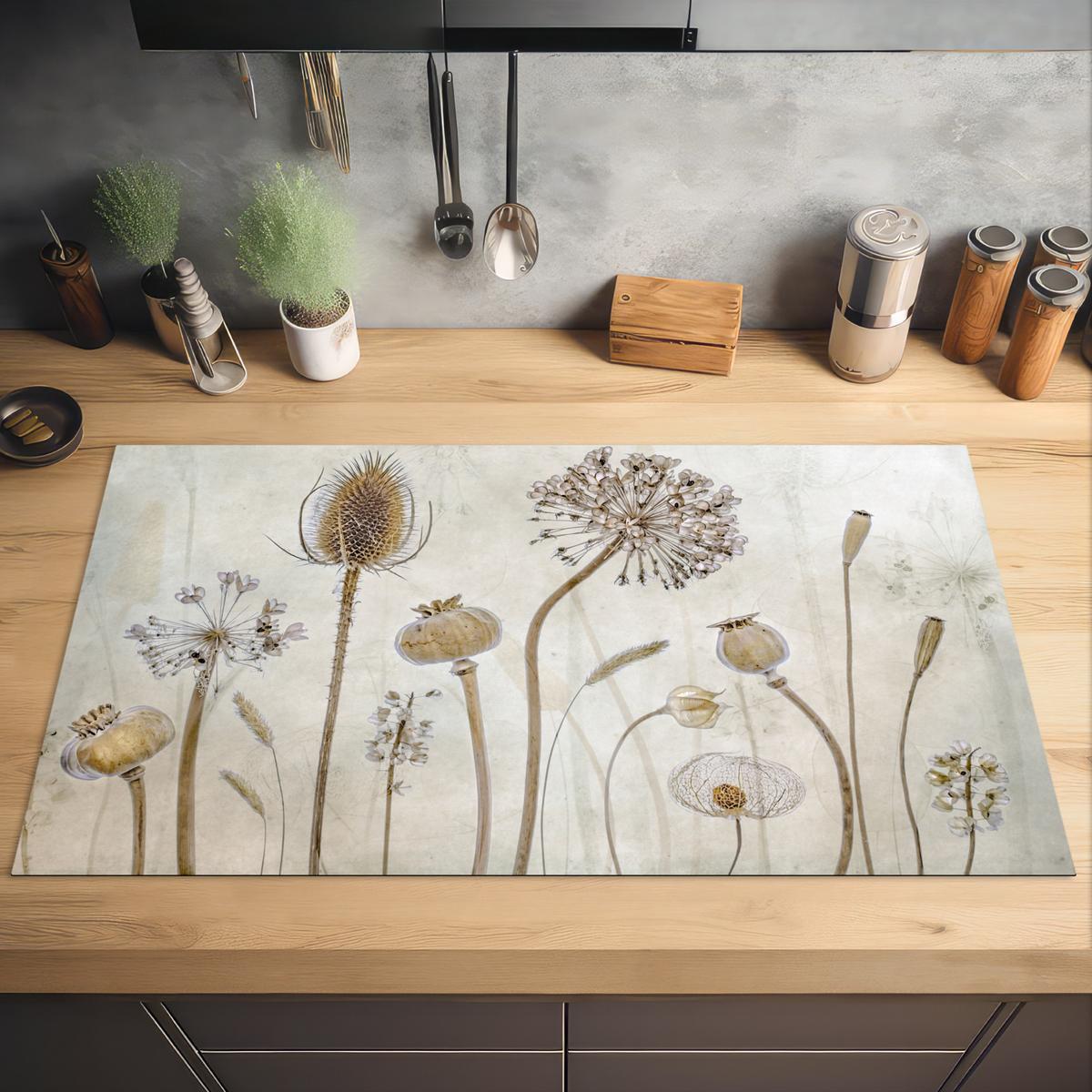 HERDABDECKPLATTE Blumen - Aquarell - Stilleben - Braun - Vintage Induktionsschutz 91.2x52 cm - Sandfarben, Kunststoff (91.2/52/0.2cm) - MuchoWow