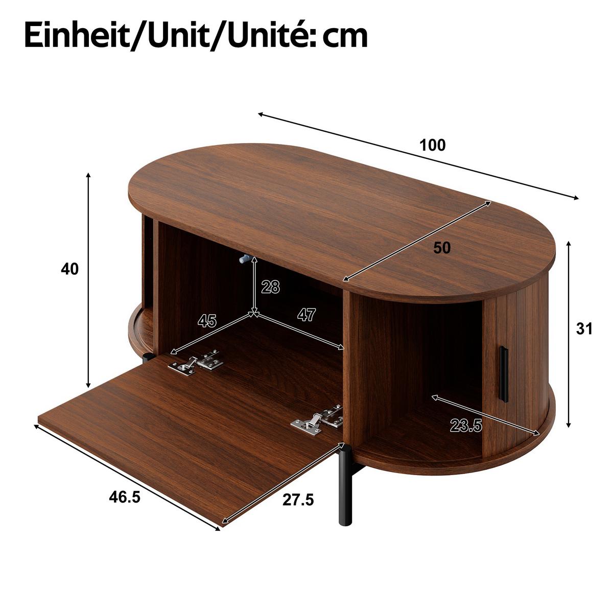 COUCHTISCH in holzoptik mit rattan, ovale form und schiebetüren - Walnussfarben, Holzwerkstoff (50/100/40cm) - Urban Meuble