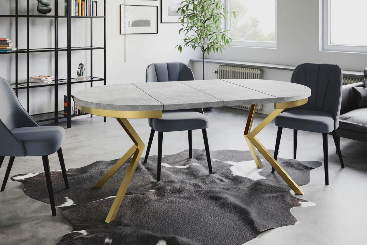 RUNDER Esszimmertisch BERGO, ausziehbarer Tisch Durchmesser: 120 cm/200 cm, Wohnzimmertisch Farbe: Hellgrau, mit Metallbeinen in Farbe Gold - Goldfarben/Grau, Holzwerkstoff (120/120/76cm) - Alpi-Möbel