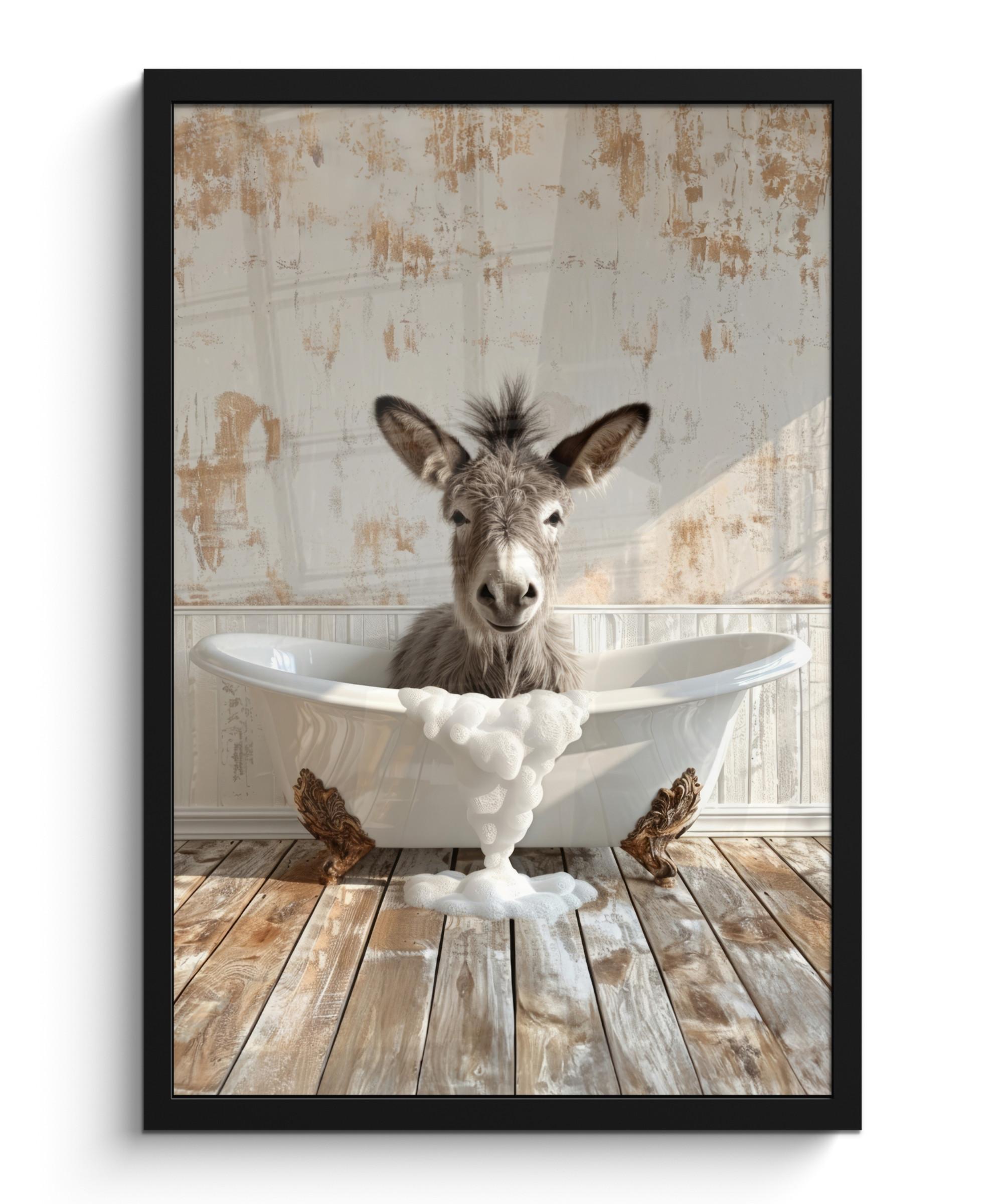 POSTER MIT RAHMEN Esel - Tiere - Badewanne - Schaumstoff Bilder mit Rahmen 40x60 cm - Weiß, Papier (40/60cm) - MuchoWow