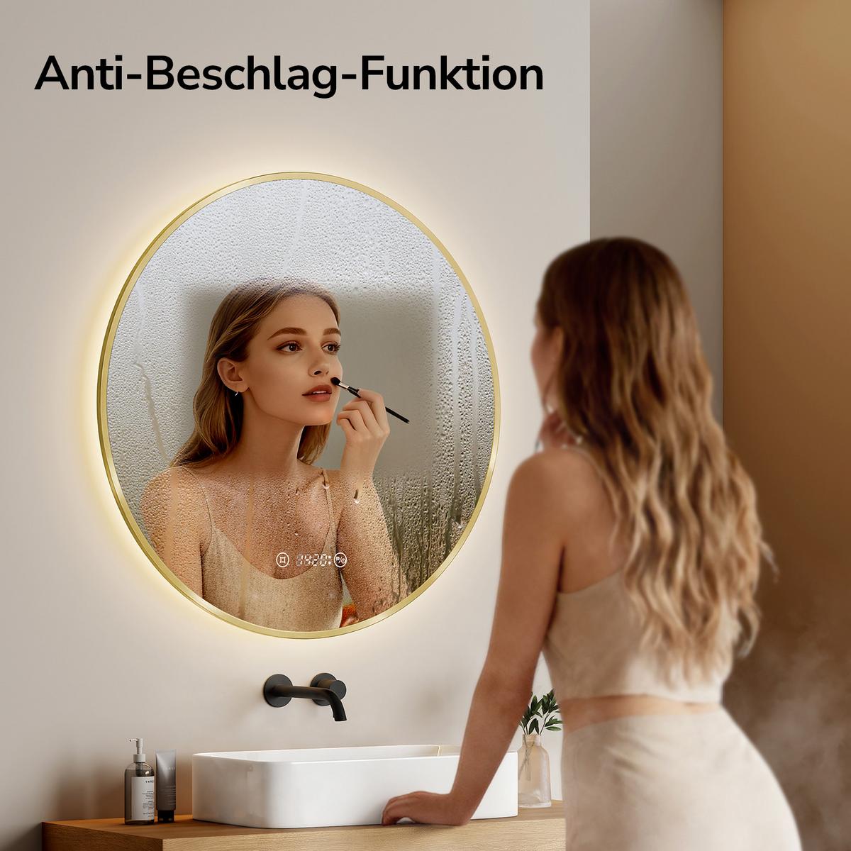 BADSPIEGEL mit LED-Beleuchtung Anti-Beschlag Zeitanzeige Goldfarben Ø 60 cm - Goldfarben, Glas (60/3/3cm) - EMKE