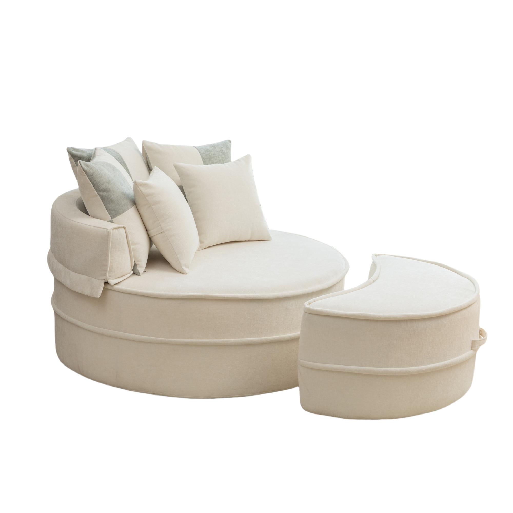 SESSEL Rundes Sofa mit Hocker & 5 Kissen Chenille Beige - Beige, Textil (163/66/121cm) - Urban Meuble