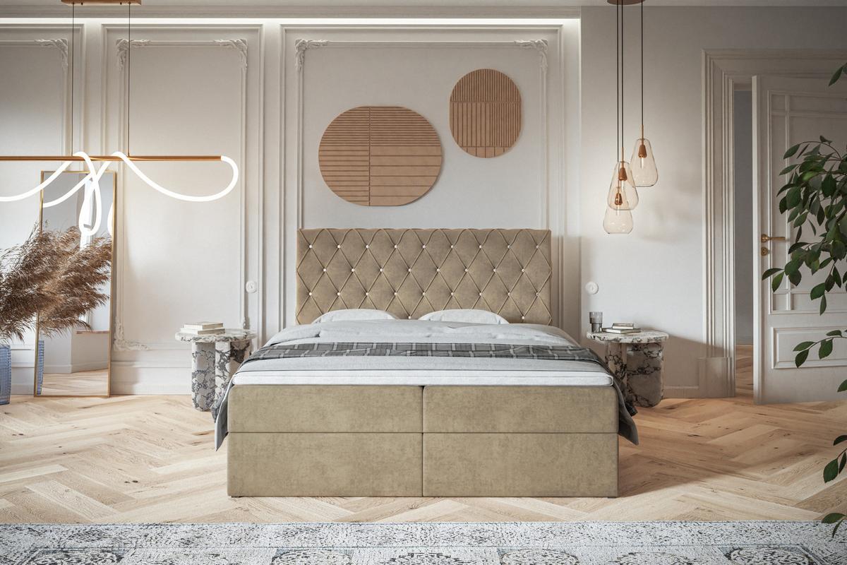 BOXBETT BOSTON mit 2 Bettkästen, 160x200, Farbe: Sand, Velourstoff, Doppelbett mit Bonell-Matratze - Sahara, Holz/Kunststoff (160/200cm) - Alpi-Möbel