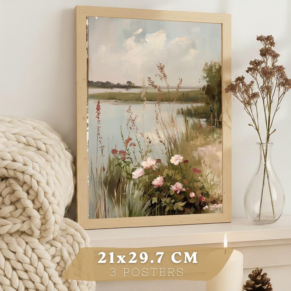 POSTER 3er Bilder-Set Wandbilder Ölmalerei modern Wohnzimmer Deko, Schlafzimmer, Küche, Badezimmer Leichter Holzrahmen A4 - Beige, Papier (29.7/1/21cm) - Nacnic