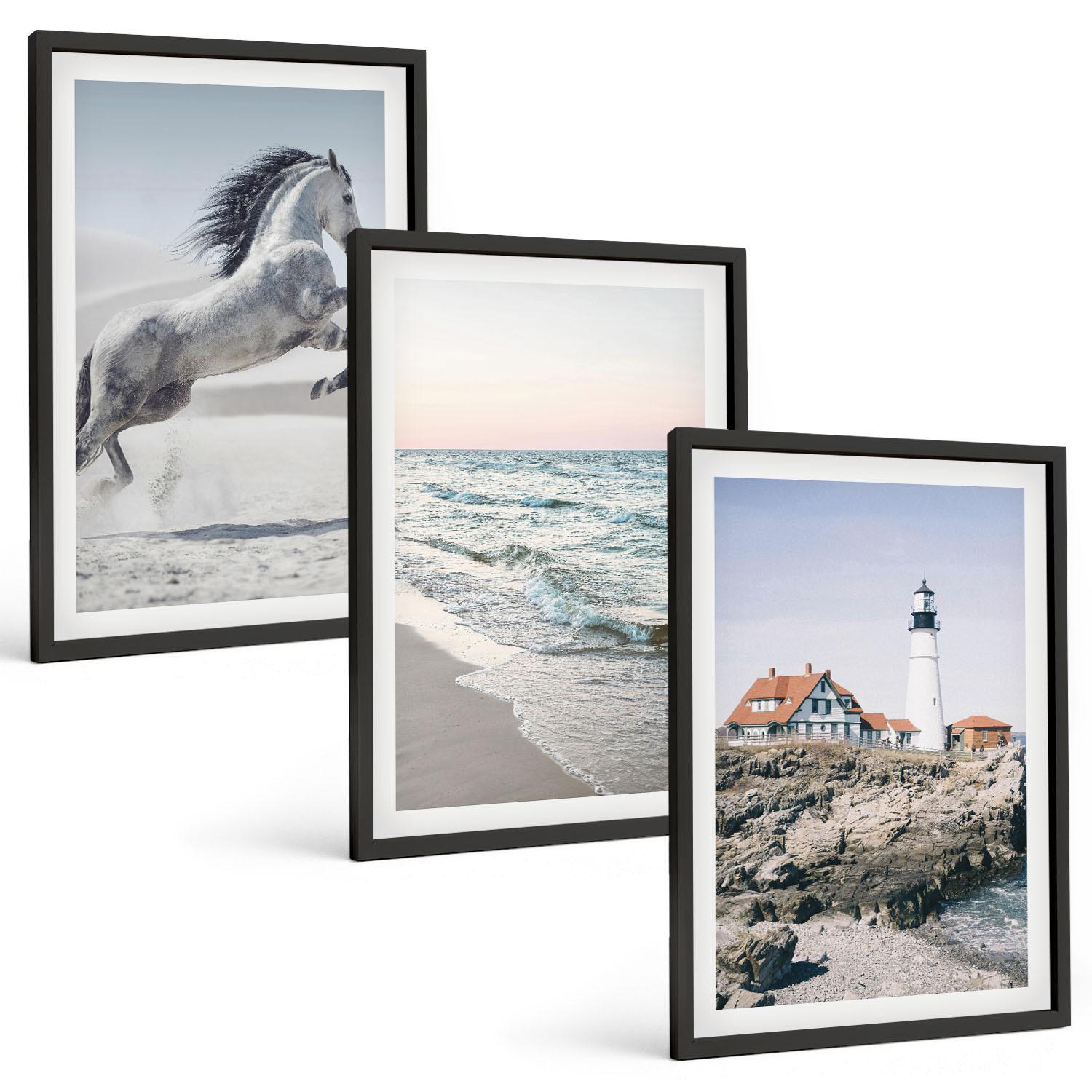 BILDER SET 3er Set - 40x60 cm Schwarzer Rahmen - Pferde, Strand, Leuchtturm, Wellen - Schwarz, Kunststoff (40/60cm) - TULUP