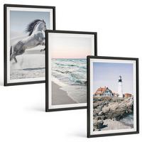 BILDER SET 3er Set - 40x60 cm Schwarzer Rahmen - Pferde, Strand, Leuchtturm, Wellen - Schwarz, Kunststoff (40/60cm) - TULUP