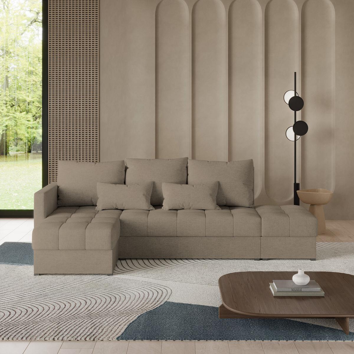 ECKSOFA LUMARI L-S Braun Plüsch-Stoff mit Schlaffunktion - Braun, Holz (262/143cm) - MASSENO