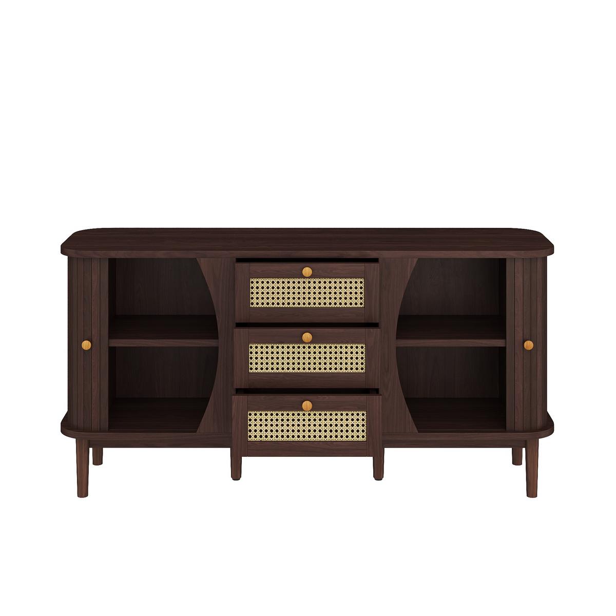 SIDEBOARD Walnuss Optik mit Rattan Schubladen und Schiebetüren - Walnussfarben, Naturmaterialien/Holzwerkstoff (140/73/40cm) - Urban Meuble