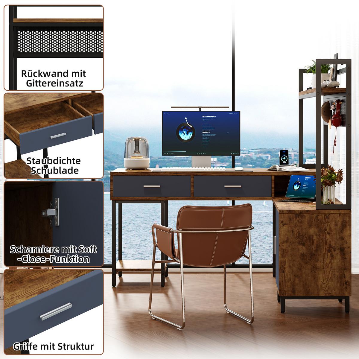 SCHREIBTISCH L-Form Industrie-Design mit Regal & Schrank 140x140cm - Schwarz/Naturfarben, Holzwerkstoff (140/140/135cm) - Urban Meuble