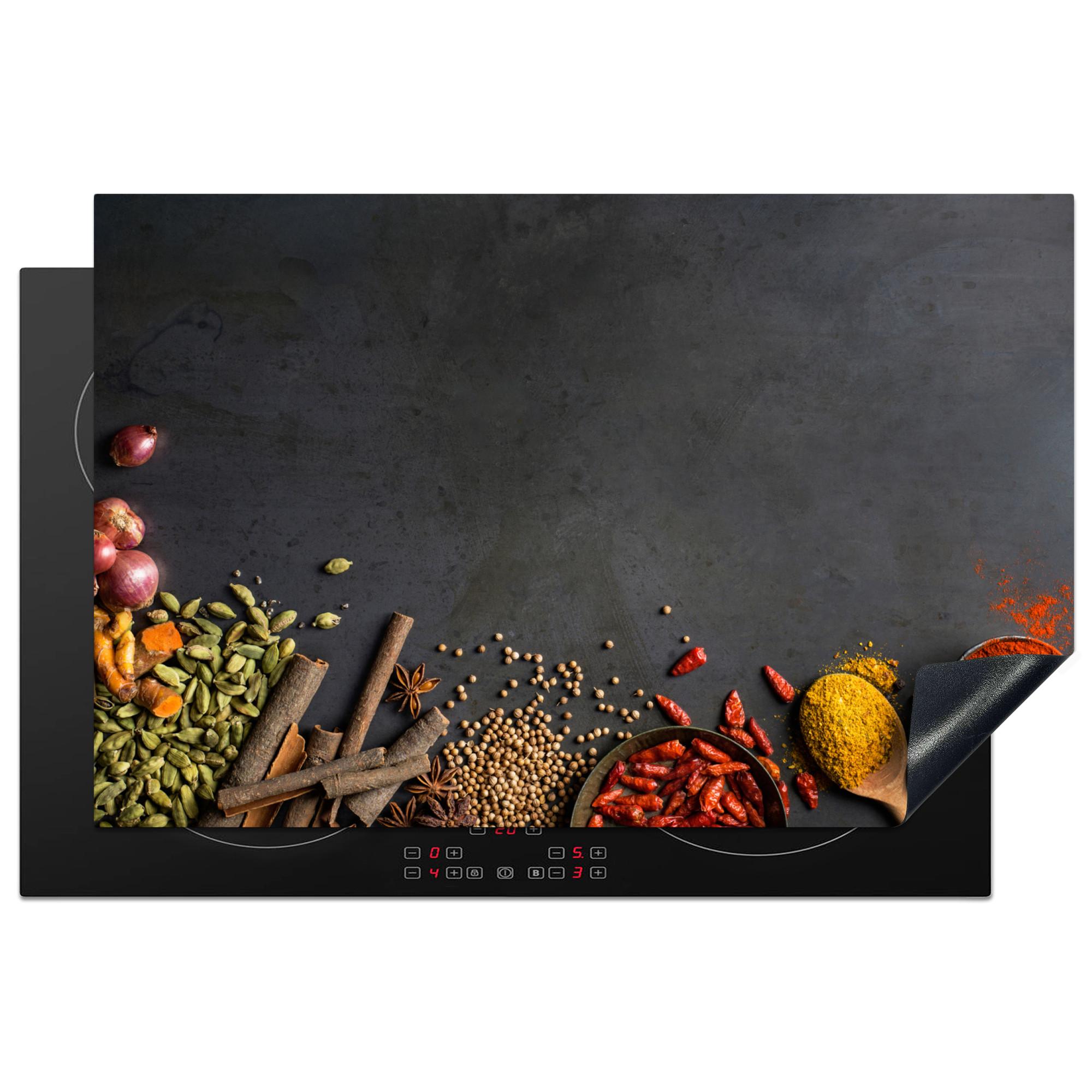 HERDABDECKPLATTE Kräuter - Lebensmittel - Gewürze - Schwarz - Paprika - Zimt Induktionsschutz 81.6x52.7 cm - Currygelb, Kunststoff (81.6/52.7/0.2cm) - MuchoWow