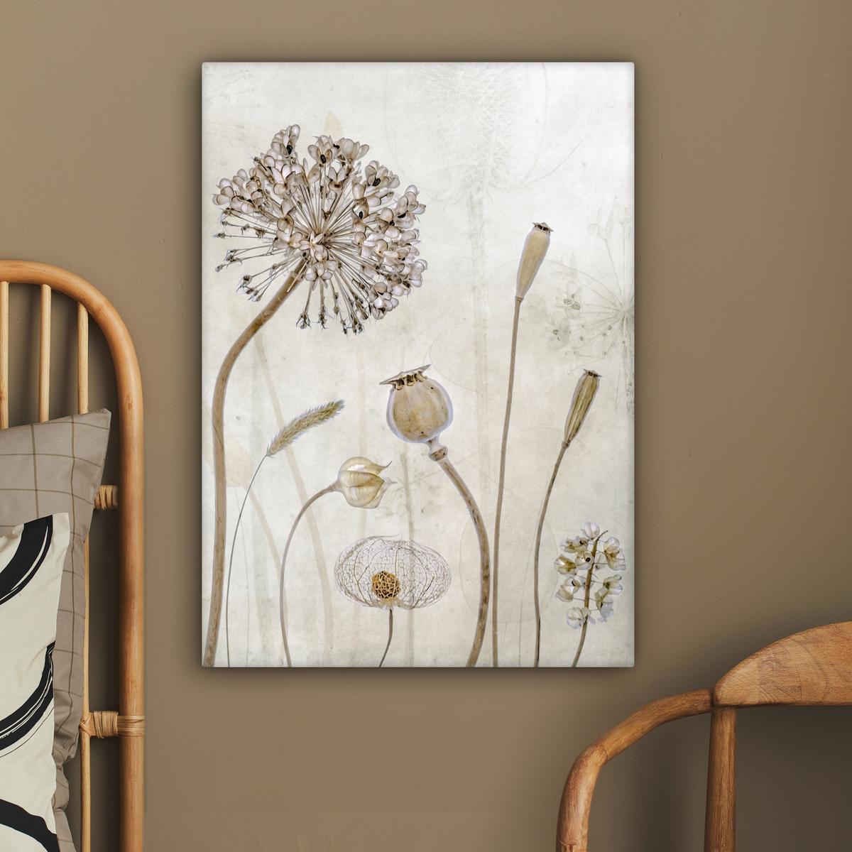 LEINWANDBILD Blumen - Aquarell - Stilleben - Braun - Vintage Wandbild Wohnzimmer 60x80 cm - Beige, Textil (60/80cm) - MuchoWow