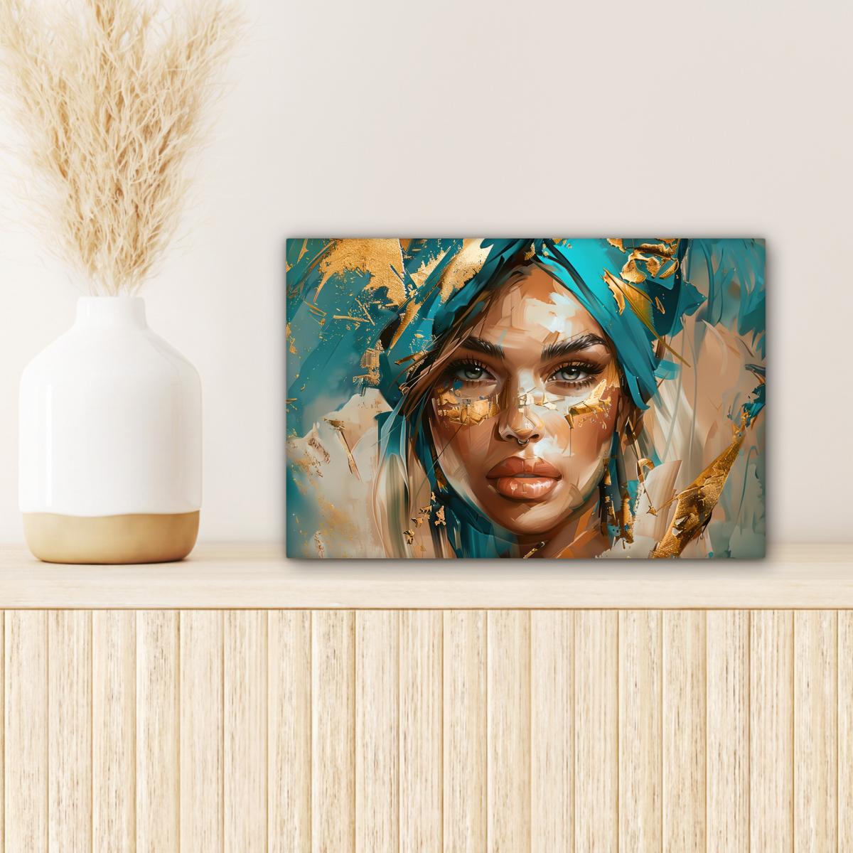 LEINWANDBILD Frau - Porträt - Gold - Luxus - Blau Deko Schlafzimmer 30x20 cm - Türkis, Textil (30/20cm) - MuchoWow