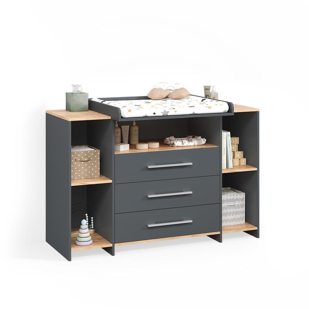 WICKELKOMMODE Torino Anthrazit/Goldkraft Eiche mit 3 Schubladen - Honigeiche/Anthrazit, Holzwerkstoff (143.2/93/53.1cm) - Livinity®