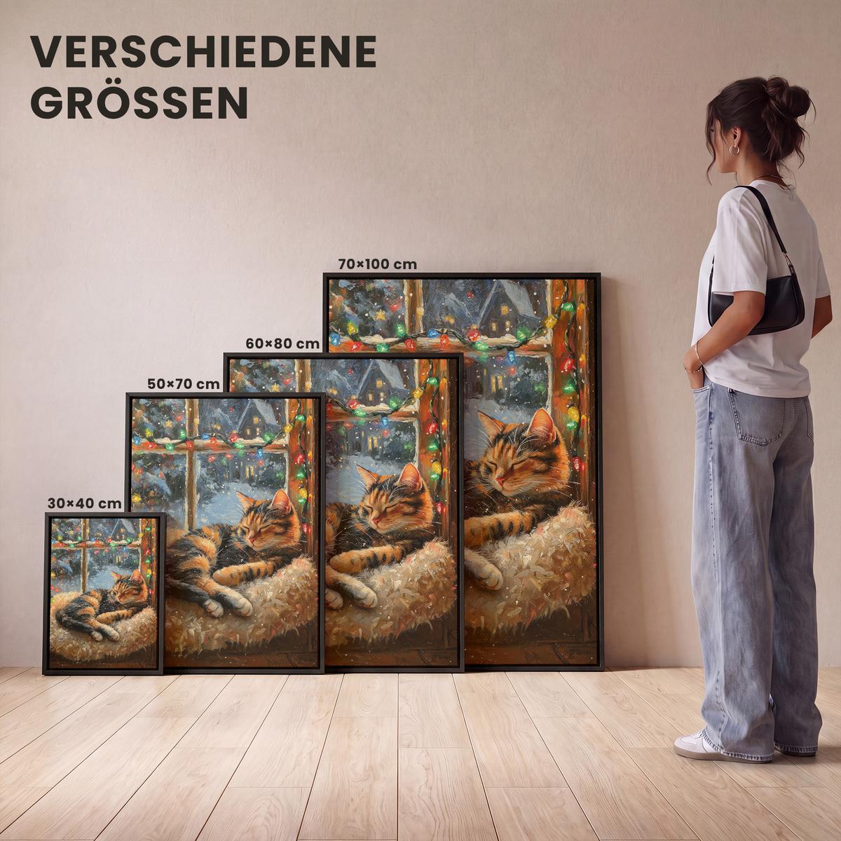 LEINWAND Bilder mit Rahmen - Katze - Weihnachten - Winter - Tier - 60x80 - Bernsteinfarben, Textil (60/80cm) - MuchoWow