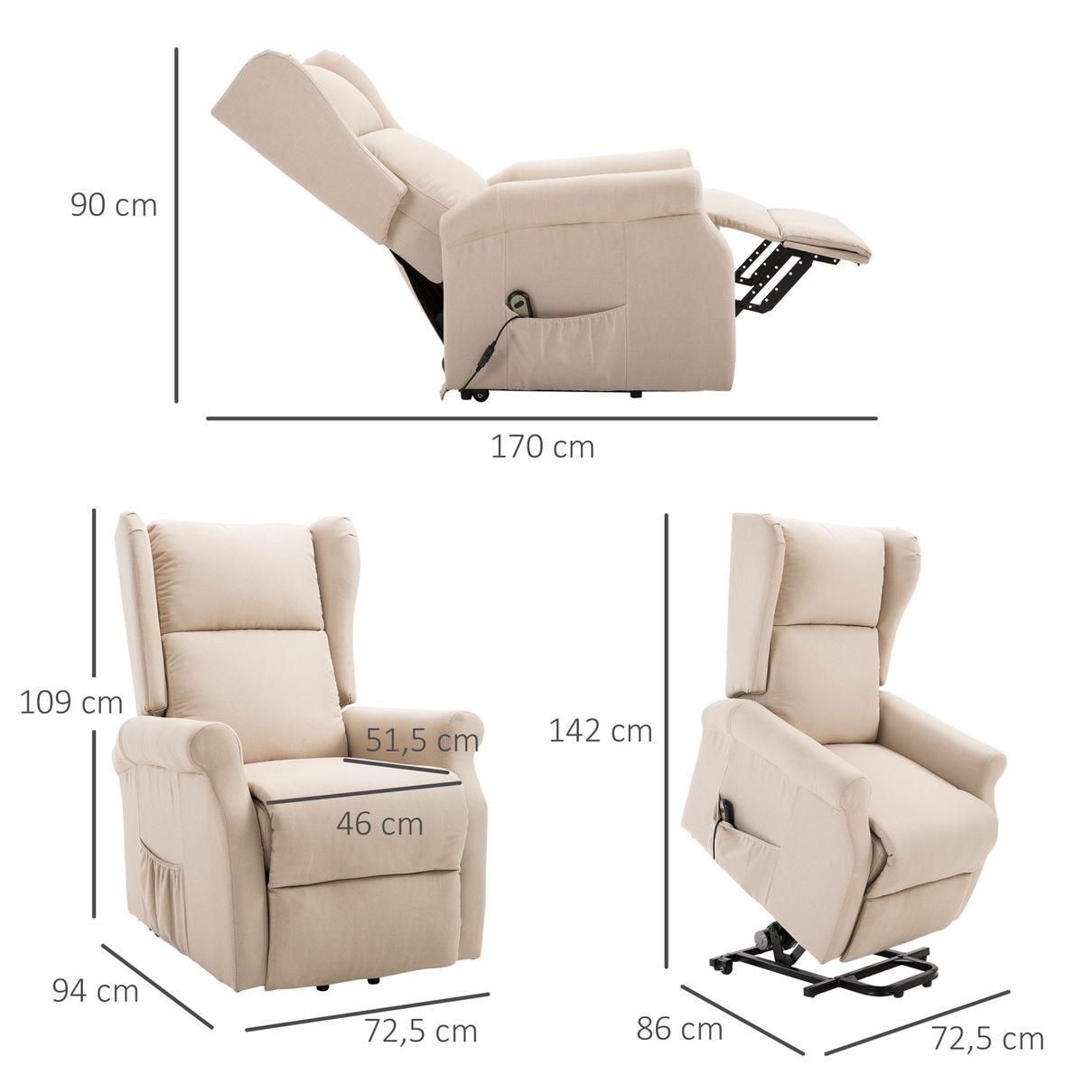 FERNSEHSESSEL mit Aufstehhilfe Leinen Cremeweiß - Creme/Schwarz, Holz/Textil (94/111/74cm) - HOMCOM
