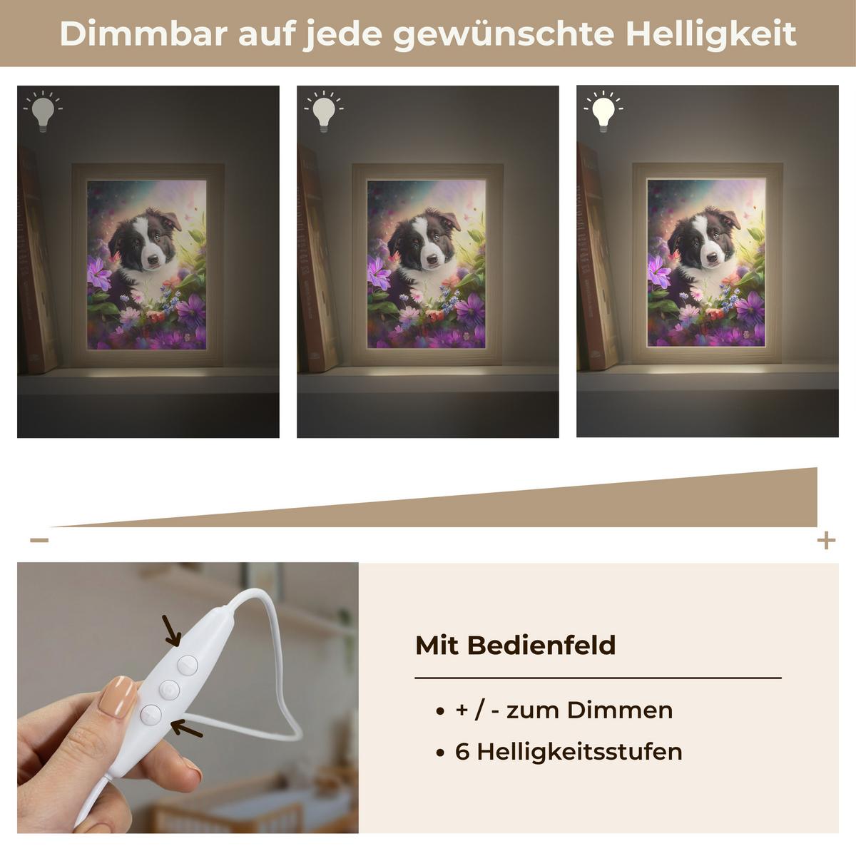 NACHTTISCHLAMPE Welpe - Sonne - Blumen - Natur - Border Collie - Hund 15x20 cm - Violett, Holzwerkstoff (8/15/20cm) - OnlyWow