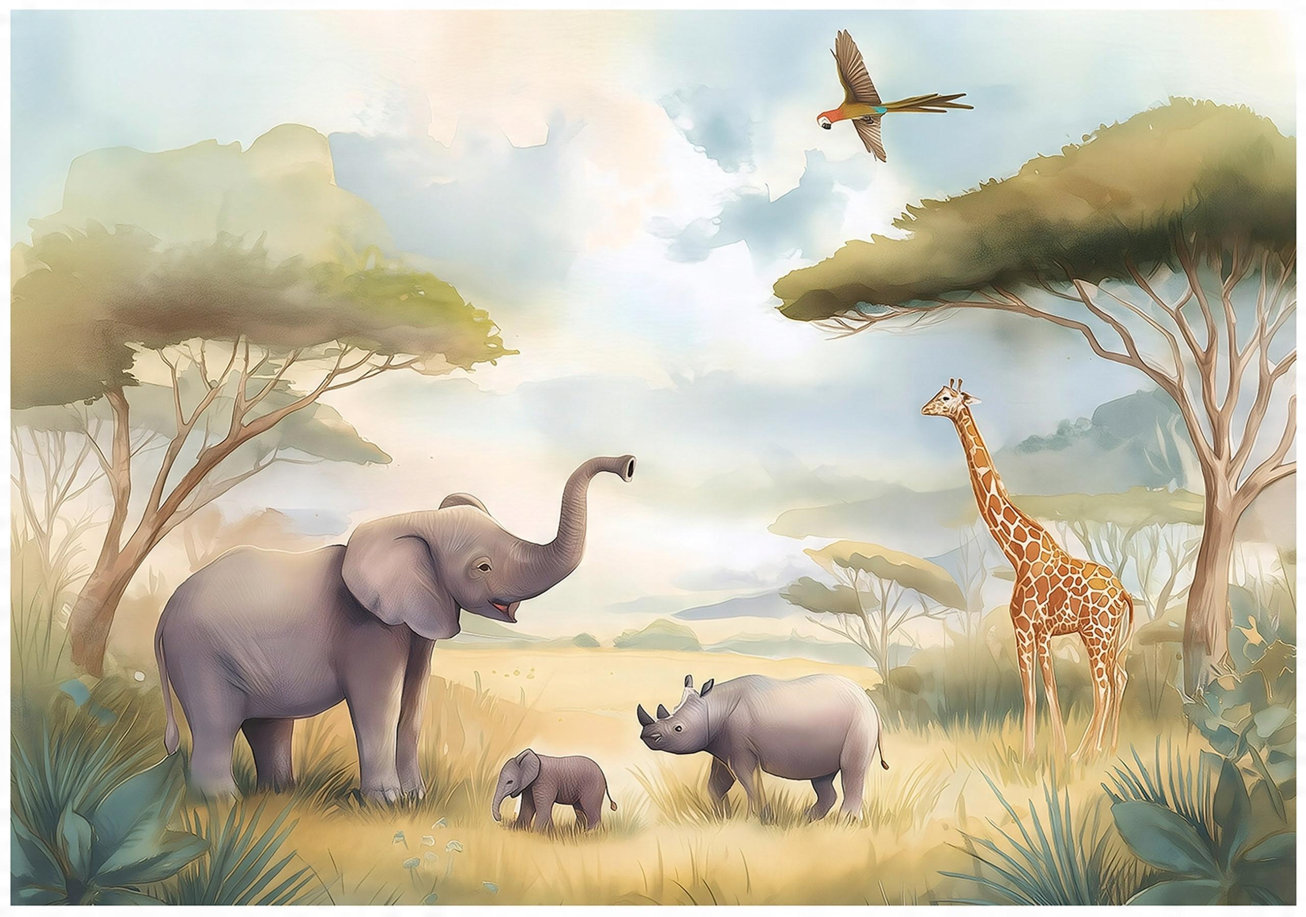 FOTOTAPETE Kinderzimmer Dschungel Safari Tiere 350x250 - Multicolor, Papier (350/250cm) - Wallarena