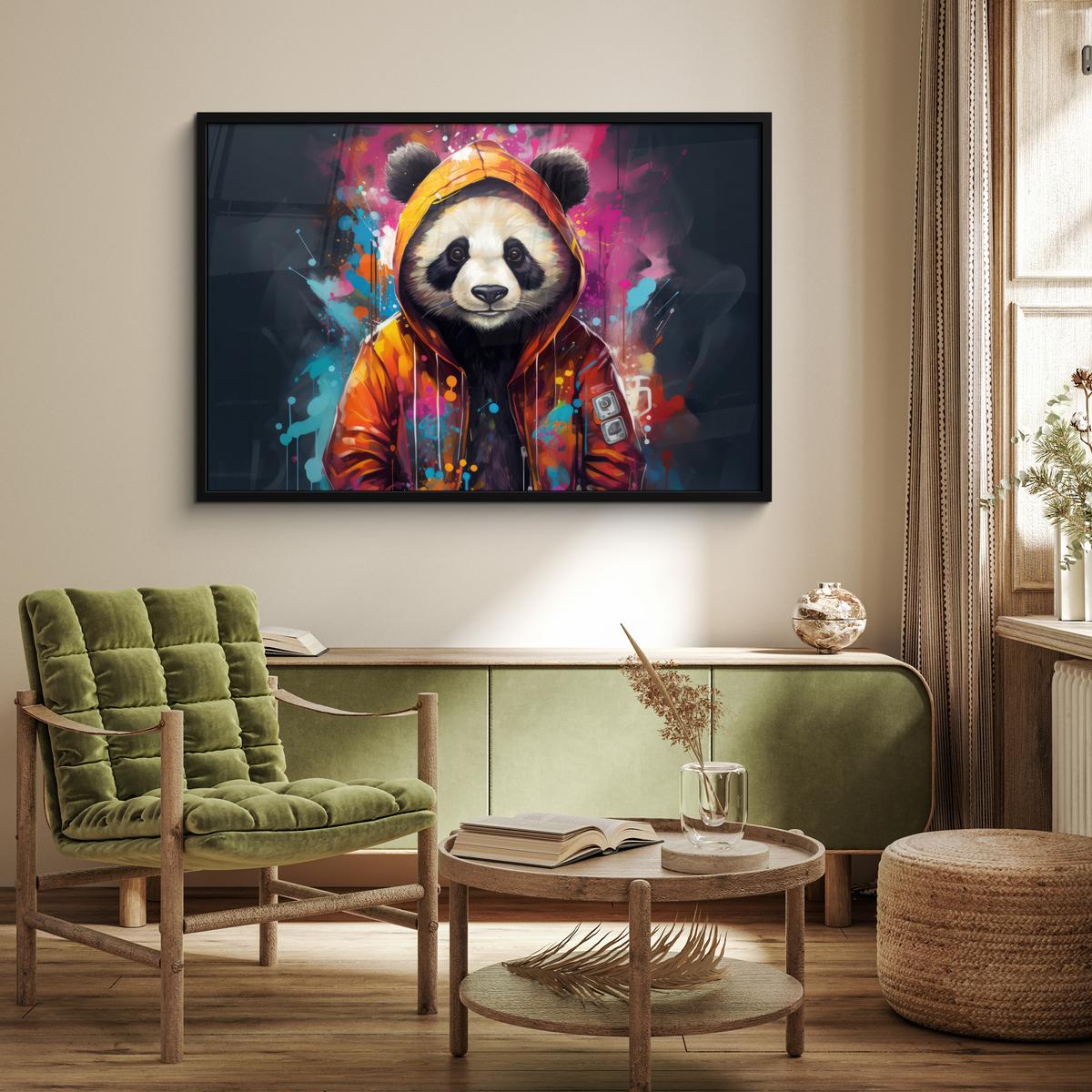 POSTER MIT RAHMENGERAHMTES BILD Panda - Jacke - Graffiti - Orange 120x80 cm - Orange, Papier (120/80cm) - MuchoWow