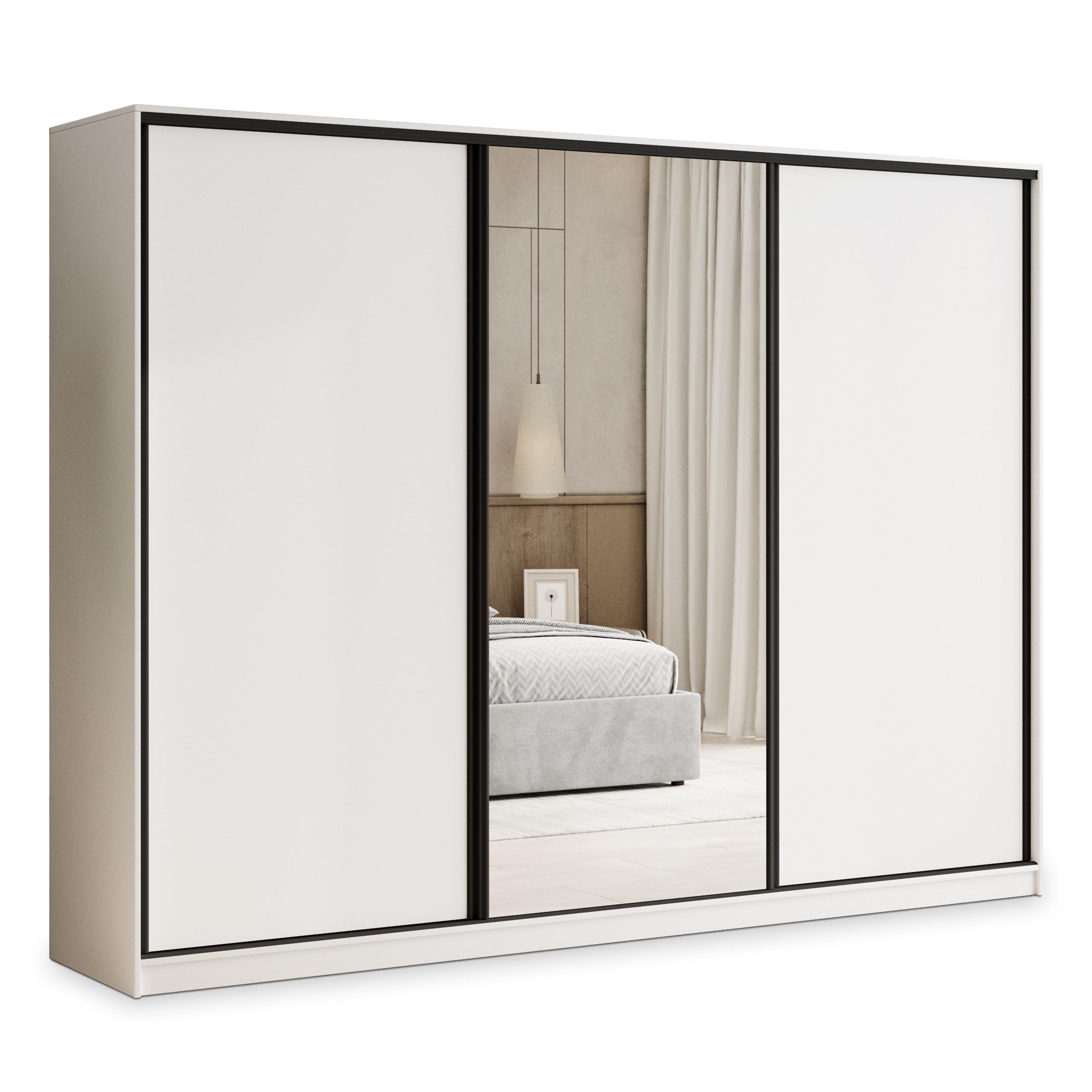 SCHWEBETÜRENSCHRANK TARI 250/205/58 cm 3-türig mit Spiegel und Schubladen Weiß - Schwarz/Weiß, Holzwerkstoff (250/205/58cm) - MASSENO