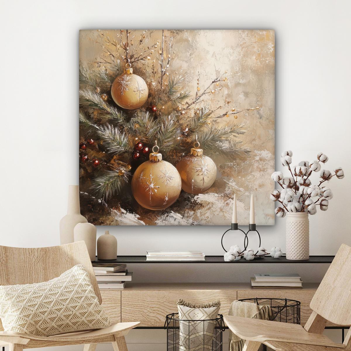 LEINWANDBILD Weihnachten - Kugeln - Beige - Gold Deko Groß 90x90 cm - Goldfarben, Textil (90/90cm) - MuchoWow