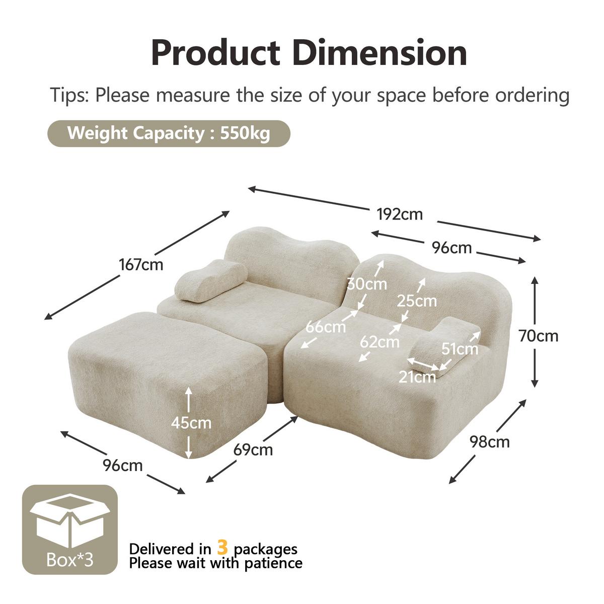 ECKSOFA L-Form Boneless Samt mit Ottoman - Beige, Textil (192/167cm) - Urban Meuble