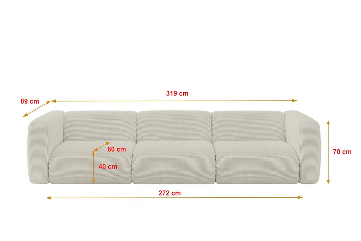 MODULARES Sofa 3-SITZER MIRA-S2 319x89x70 Creme cm Cord - Ecru/Creme, Holzwerkstoff/Kunststoff (319/70/89cm) - ALTDECOR