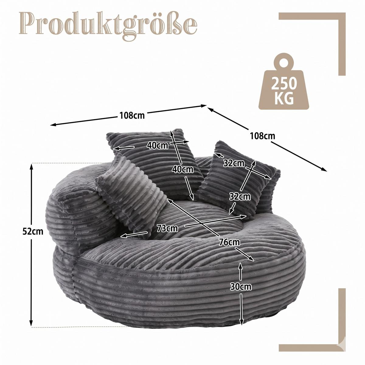 SITZSACK cord dunkelgrau mit rückenlehne & 3 kissen - Dunkelgrau, Textil (108/52/108cm) - Urban Meuble