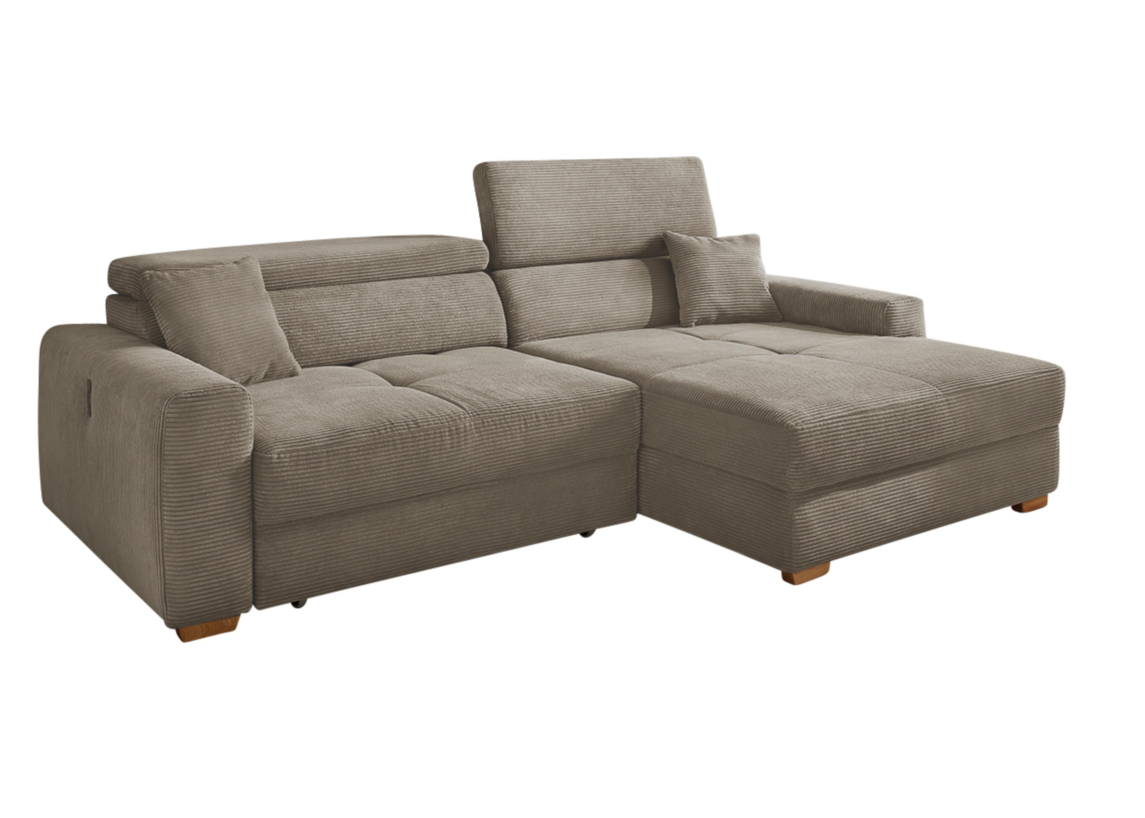 ECKSOFA mit elektrischer Sitztiefenverstellung, Kopflehnen verstellbar, USB-A und USB-C Ladefunktion B277/T187/H109 cm, Cord Braun Taupe / 15401 - Eichefarben/Braun, Eichenholz/Textil (277/187cm) - luma-home