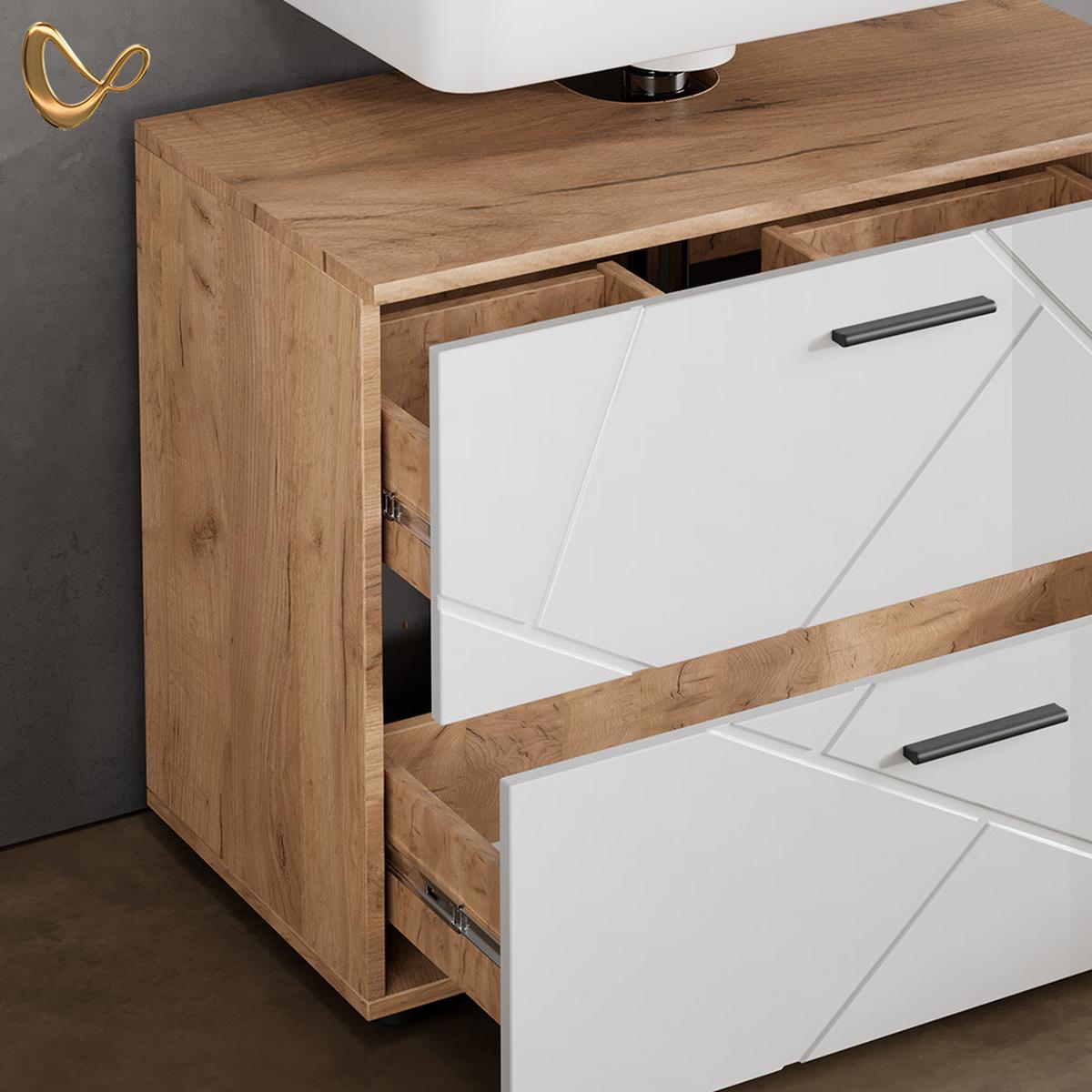 BADMÖBEL-SET Ronco Weiß Hochglanz/Goldkraft Eiche 2 Teile, Unterschrank 80 cm - Honigeiche/Weiß Hochglanz, Holzwerkstoff (80/58/41cm) - Livinity®