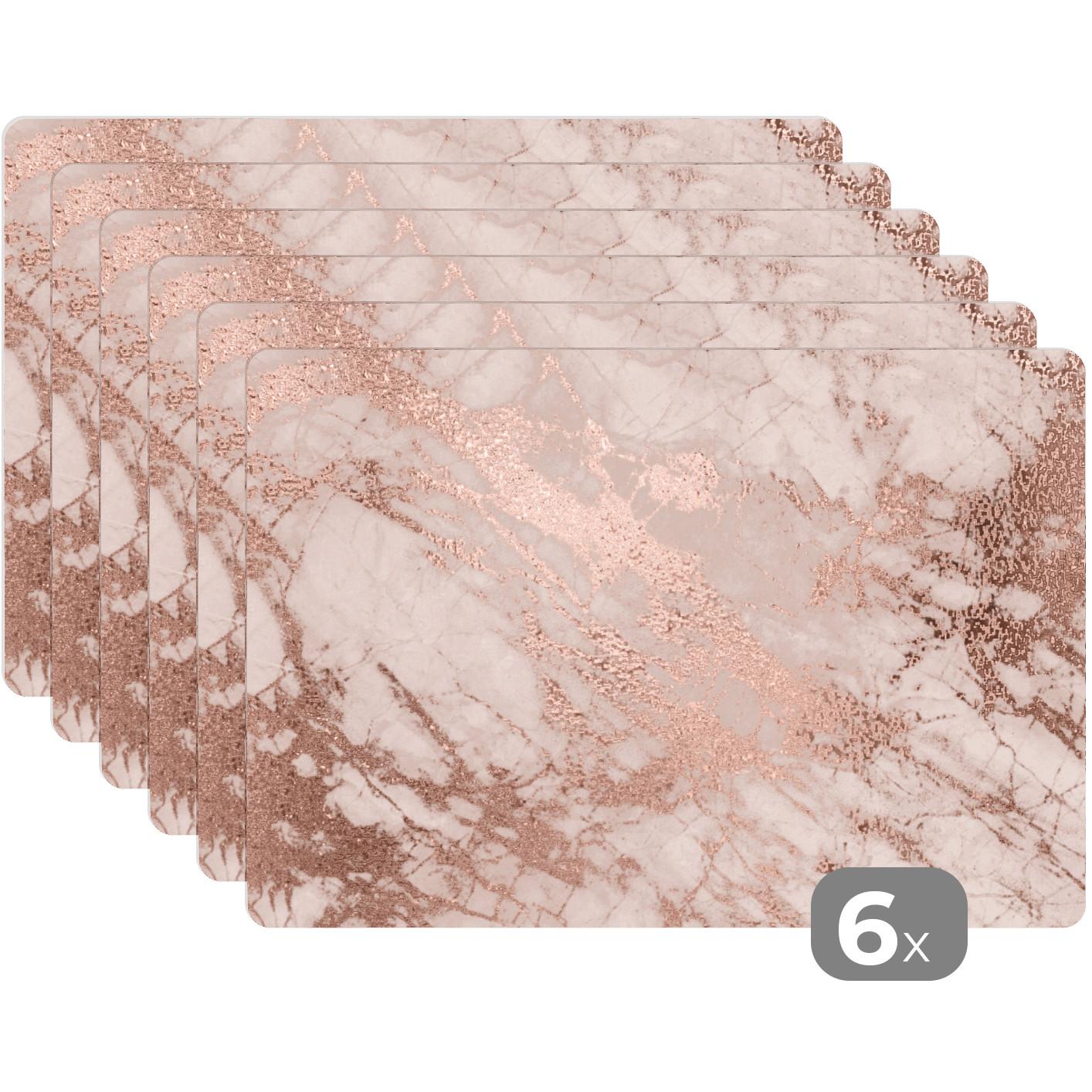 PLATZSETS 6er-Set Marmor - Rosa - Luxus - Marmoroptik - Glitzer - Design Telleruntersetzer 45x30 cm - Roségold, Kunststoff (0.3/45/30cm) - MuchoWow