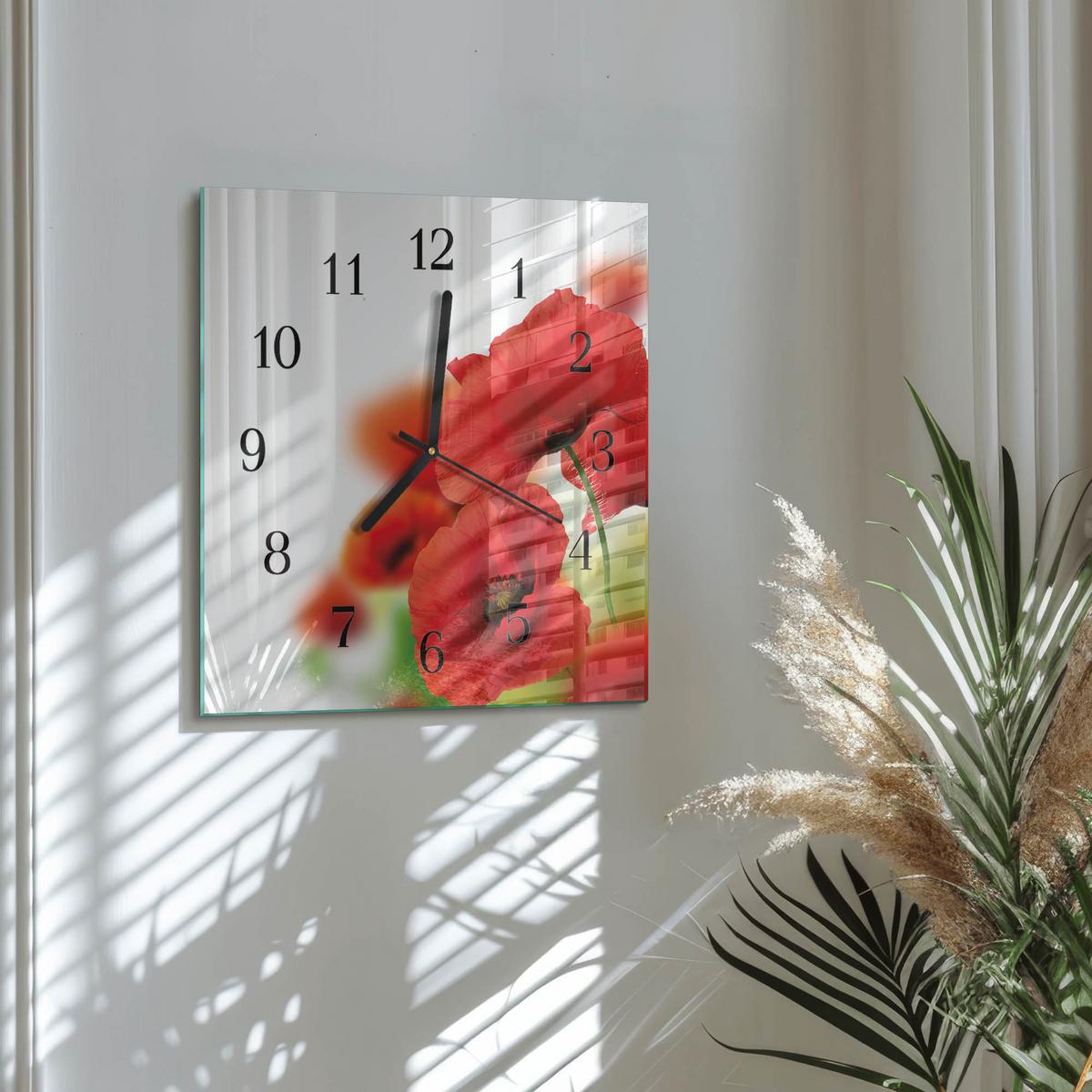 WANDUHR aus Glas 30x30 cm - Mohnblumen - Rot, Glas (30/30/0.4cm) - TULUP
