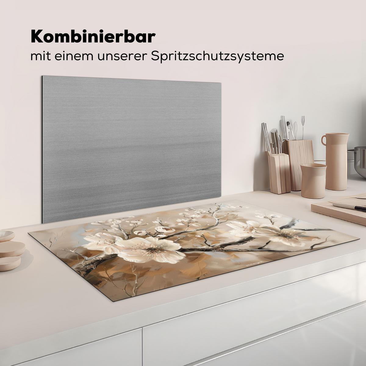 HERDABDECKPLATTE Blumen - Abstrakt - Gemalt - Beige Ceranfeldabdeckung 90x52 cm - Kaschmir, Kunststoff (90/52/0.2cm) - MuchoWow