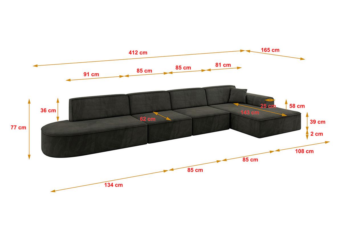 ECKSOFA Ottomane Rechts IREA-L3-v3 - 412x165x77 cm Schwarz - Schwarz, Holzwerkstoff/Textil (412/165cm) - ALTDECOR