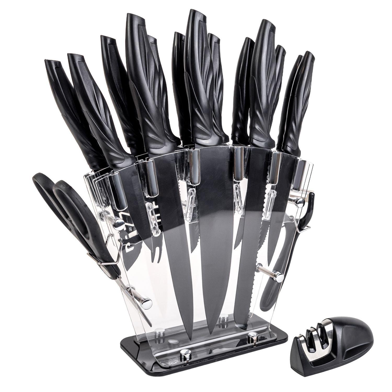 KÜCHENMESSER Set mit Messerblock und Schärfer (17-tlg.) - Schwarz, Metall (11.5/23.5/36cm) - Intirilife