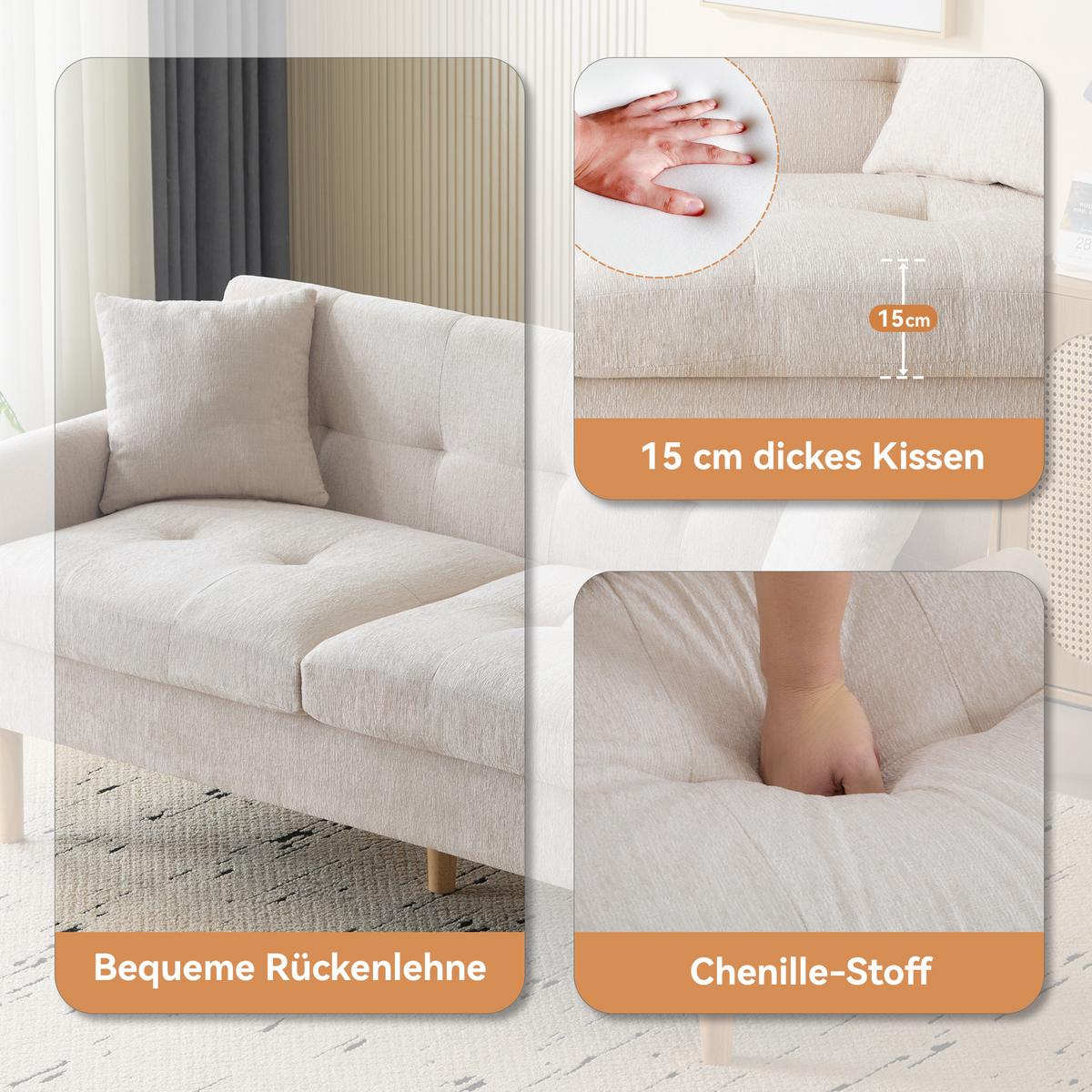 SOFA Modernes 2-Sitzer mit Stoffbezug, Hellgrau – Kompakt, bequem, stilvoll, 160 x 85 x 80 cm - Beige, Holzwerkstoff/Textil (162/77/74cm) - Urban Meuble