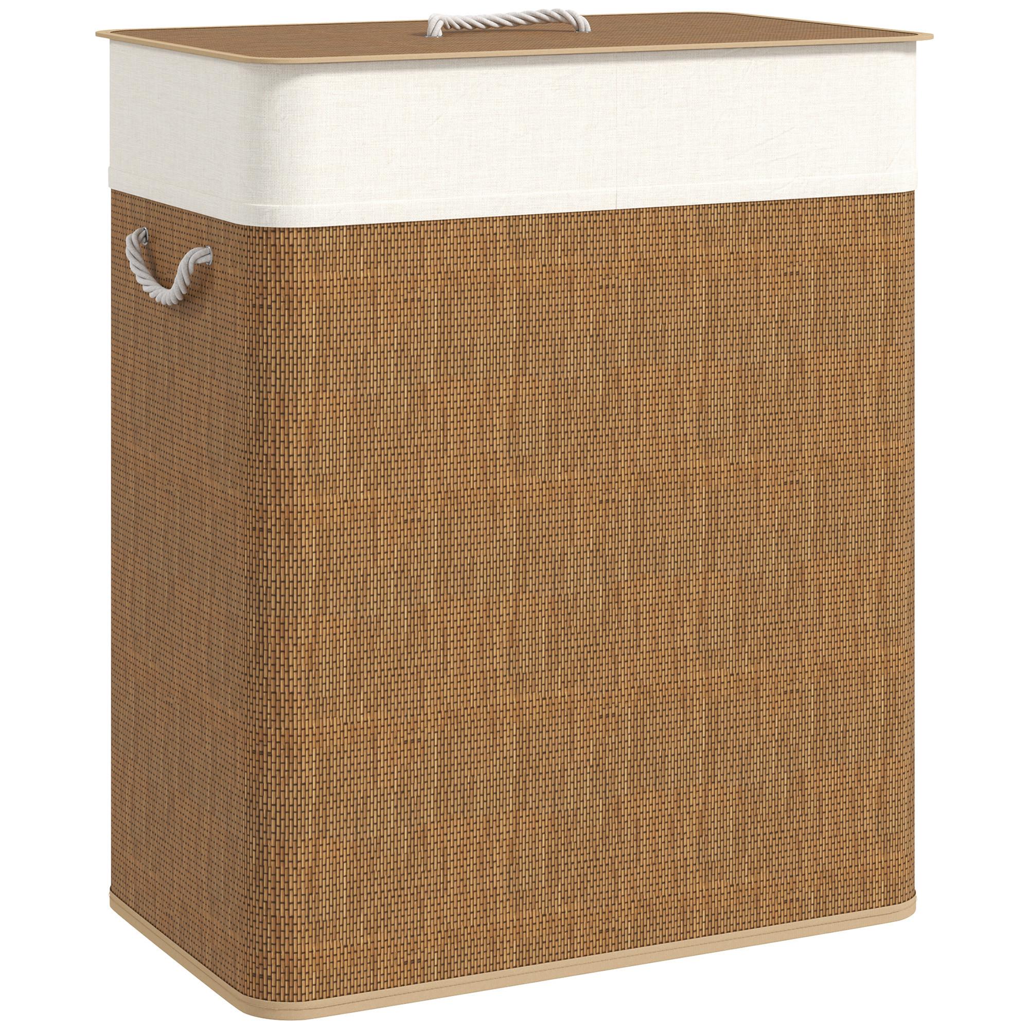 BAMBUS Wäschekorb mit Deckel 2 Fächer 100 L Wäschesammler mit Seilgriffen - Braun, Naturmaterialien (32/63/52cm) - HOMCOM