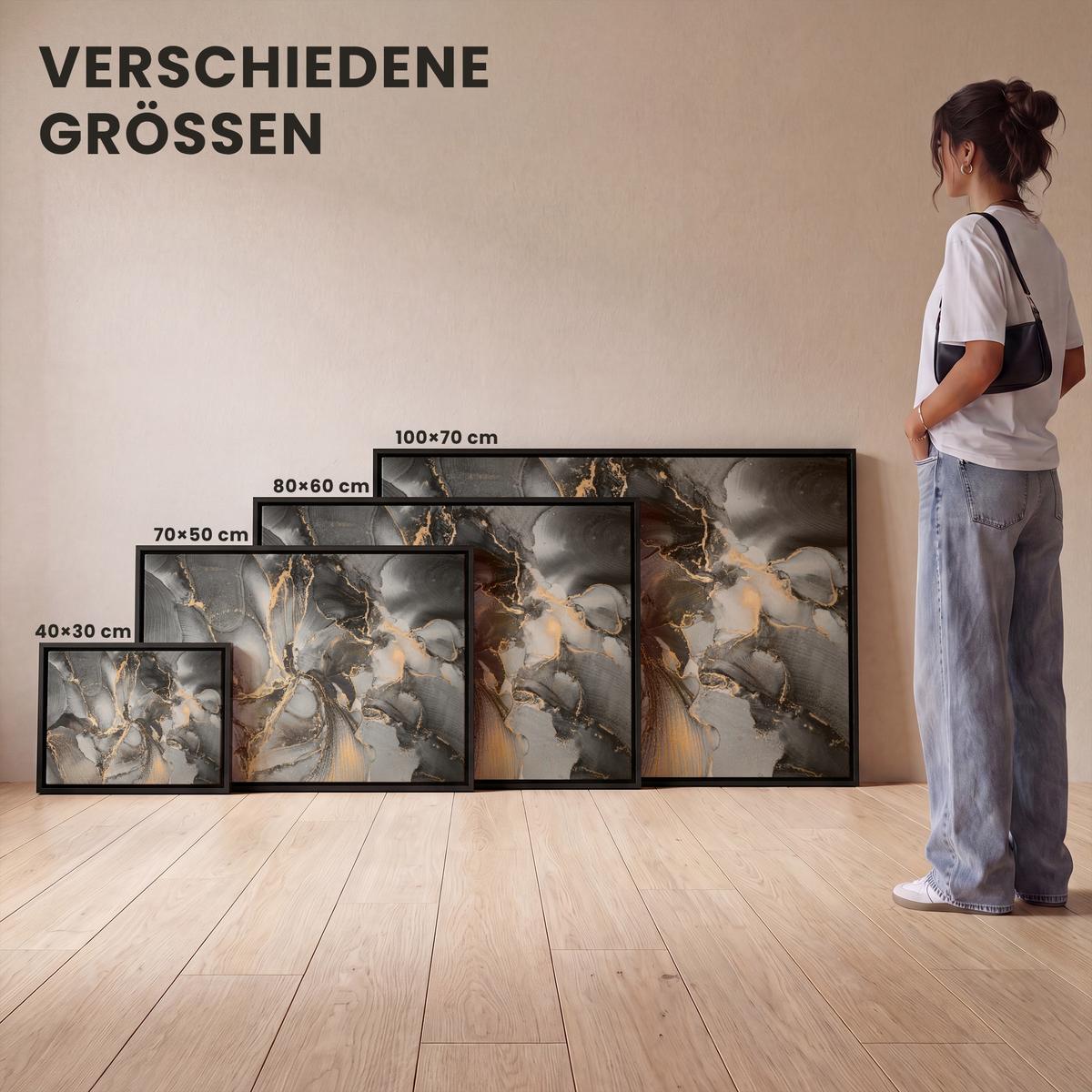 LEINWAND Bilder mit Rahmen - Grau - Luxus - Gold - Marmor - 80x60 - Dunkelgrau, Textil (80/60cm) - MuchoWow