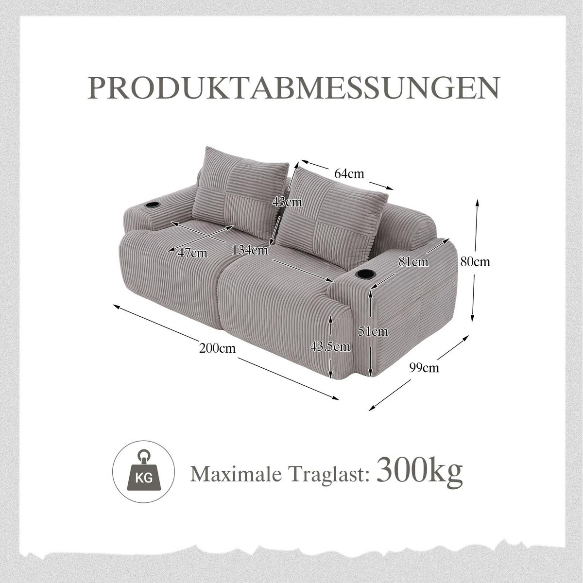 2-SITZER SOFA Modulares Mit Getränkehalter & Stauraum - Hellgrau, Textil (200/80/99cm) - Urban Meuble
