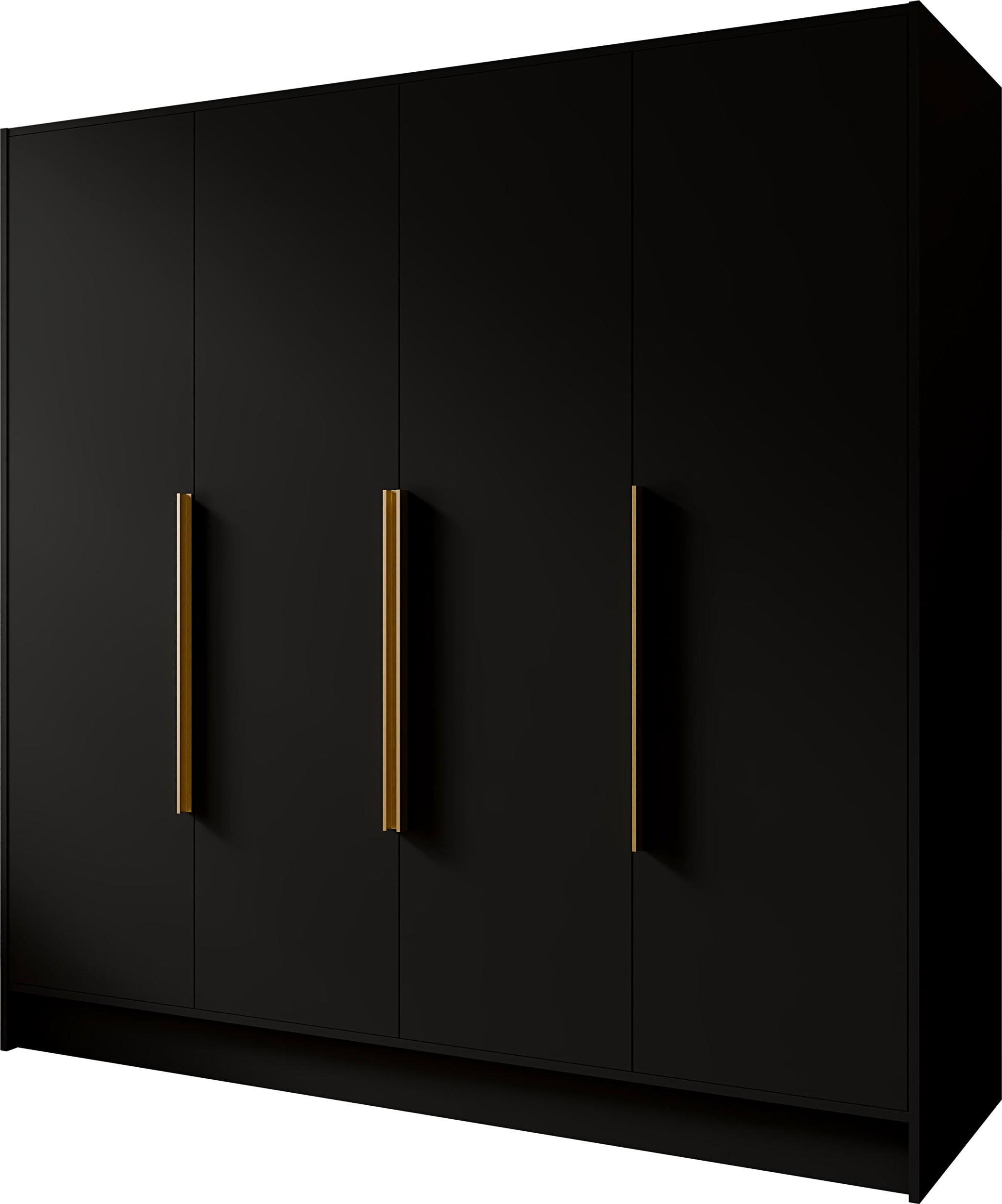 KLEIDERSCHRANK Mono Bis im Skandi-Stil, Drehtüren mit Goldene Metallgriffe, Schwarz 200/200/51 cm - Goldfarben/Schwarz, Holzwerkstoff (200/200/51cm) - WFL GROUP