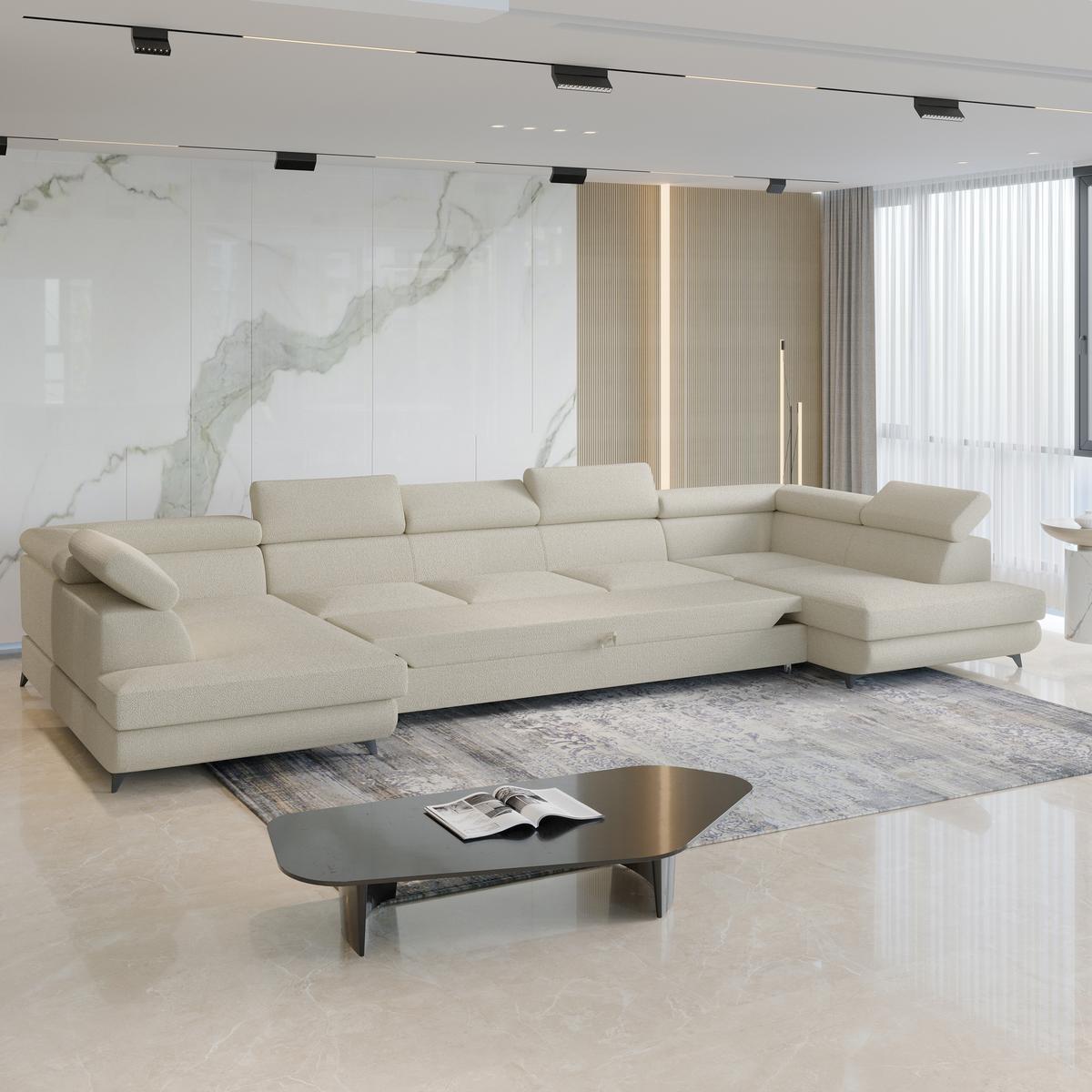 WOHNLANDSCHAFT URMANO Creme Boucle-Stoff mit Schlaffunktion - Creme, Holz (395/89/190cm) - MASSENO