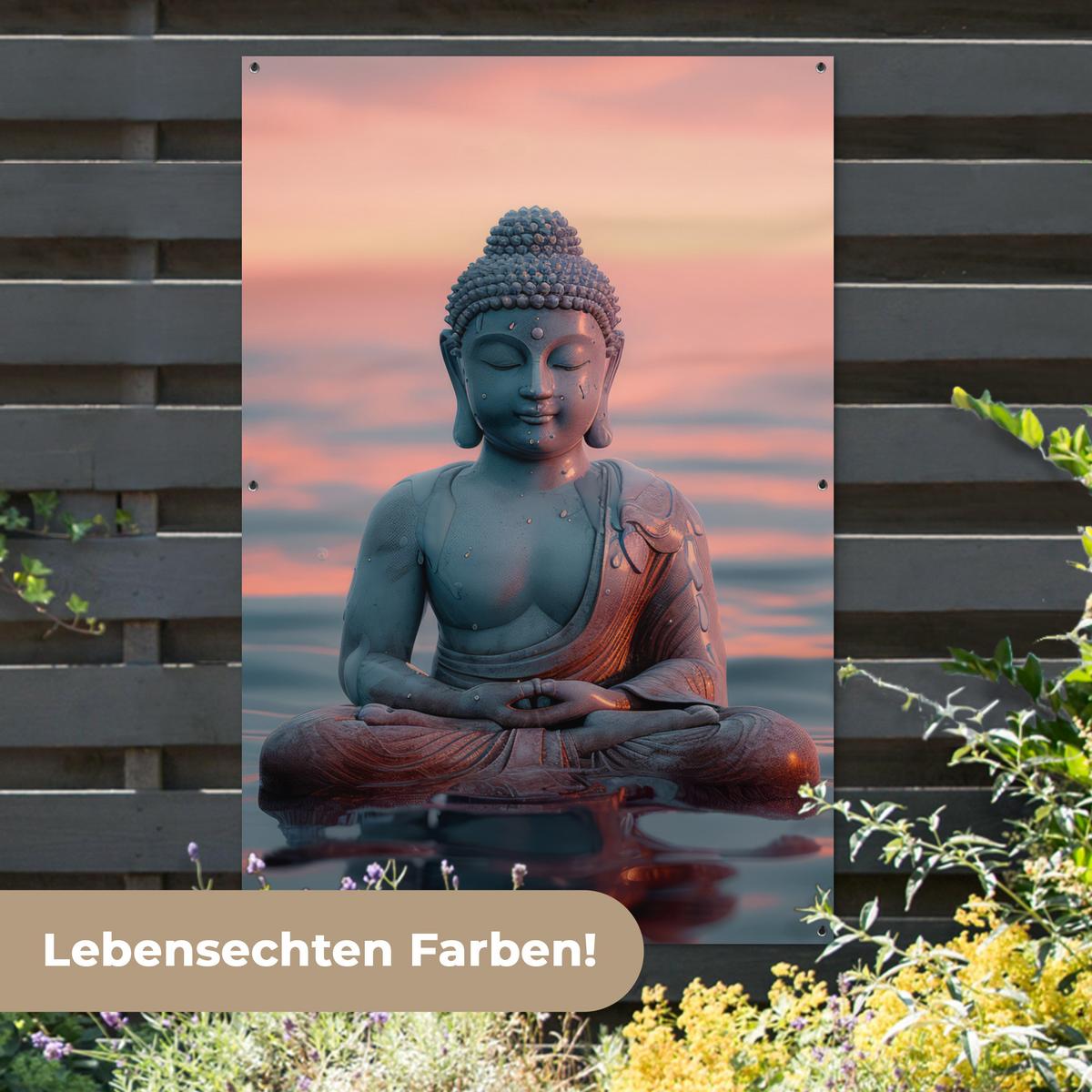 GARTENPOSTER Buddha - Statue - Buddha - Wasser - Kunst - Buddha Bild 120x180 cm - Blaugrau, Kunststoff (120/180/0.2cm) - OnlyWow