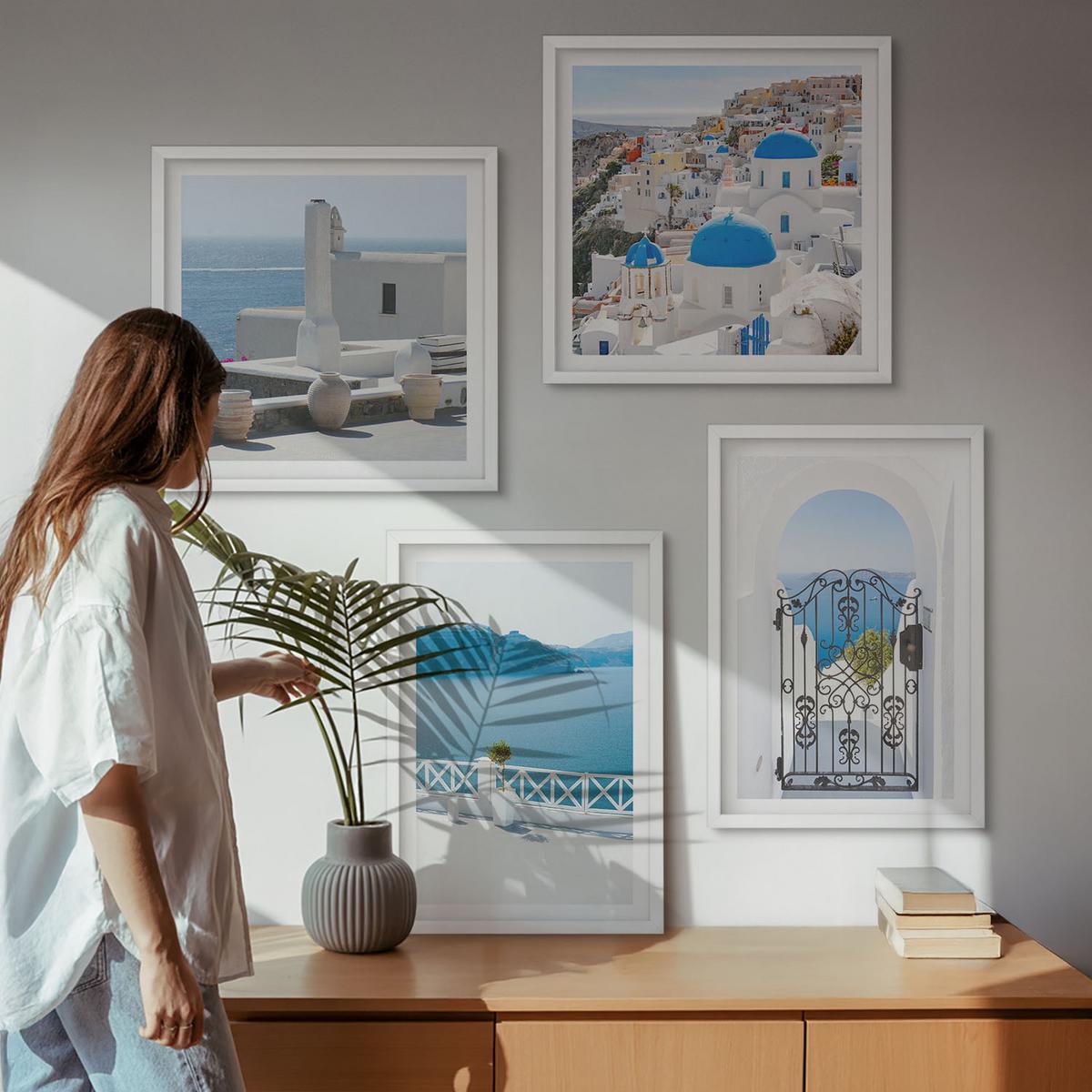 BILDER SET 4er Set - 50x50 cm & 40x60 cm Weißer Rahmen - Gebäude am Weißen Meer, Griechenland - Weiß, Kunststoff (50/50cm) - TULUP