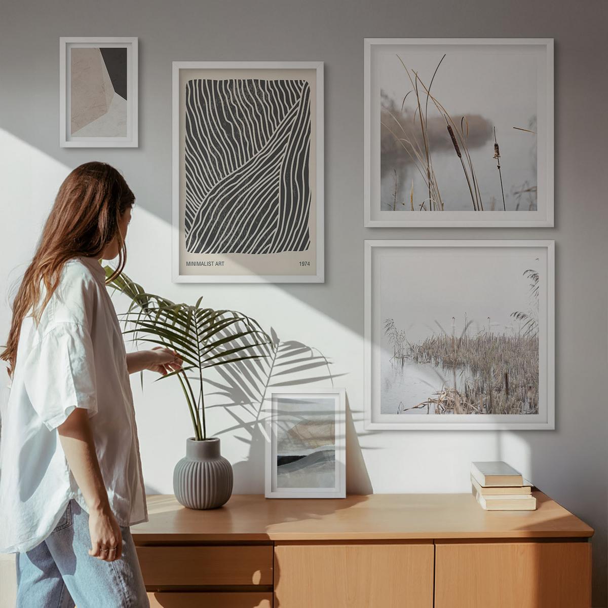 BILDER SET 5er Set - 50x50 cm & 20x30 cm & 40x60 cm Weißer Rahmen - Abstrakte Boho-Dekorationsmuster - Weiß, Kunststoff (40/60cm) - TULUP